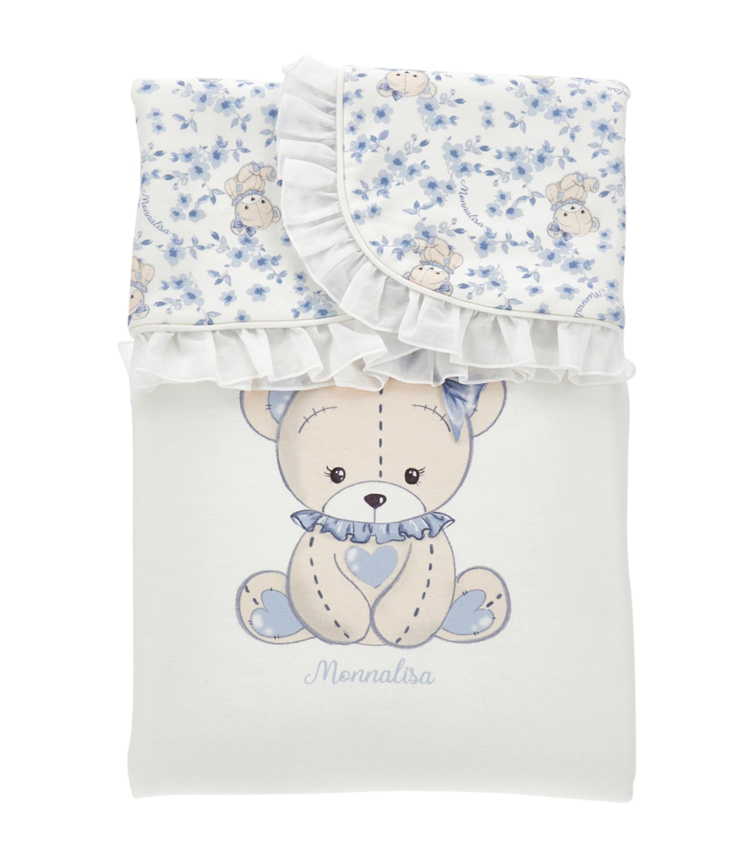 Monnalisa Cotton Floral And Teddy Bear Blanket In Blue