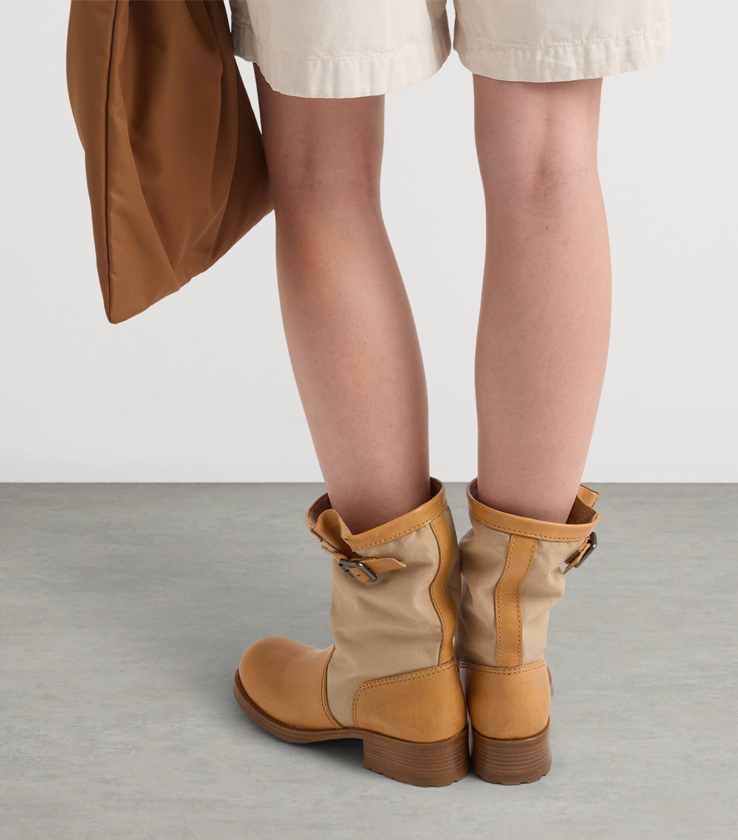 Prada Leather-Canvas Mid-Calf Boots 30 Neutral Image 3