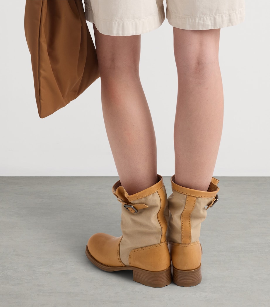 Prada Leather-Canvas Mid-Calf Boots 30 Neutral Image 3