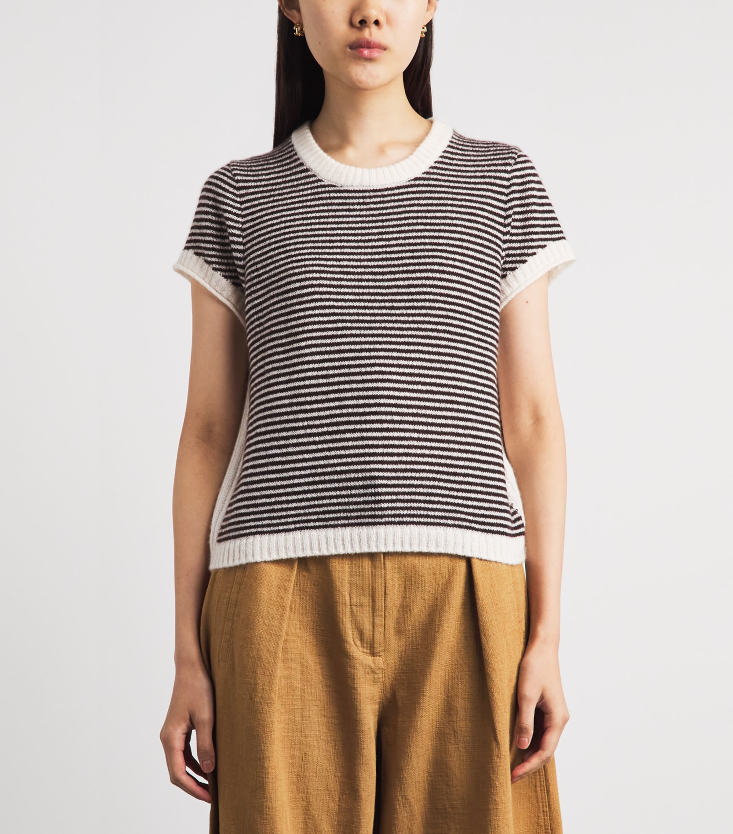 ME+EM Womens Merino Wool-Blend Stripe T-Shirt Cream/cocoa Brown Image 4