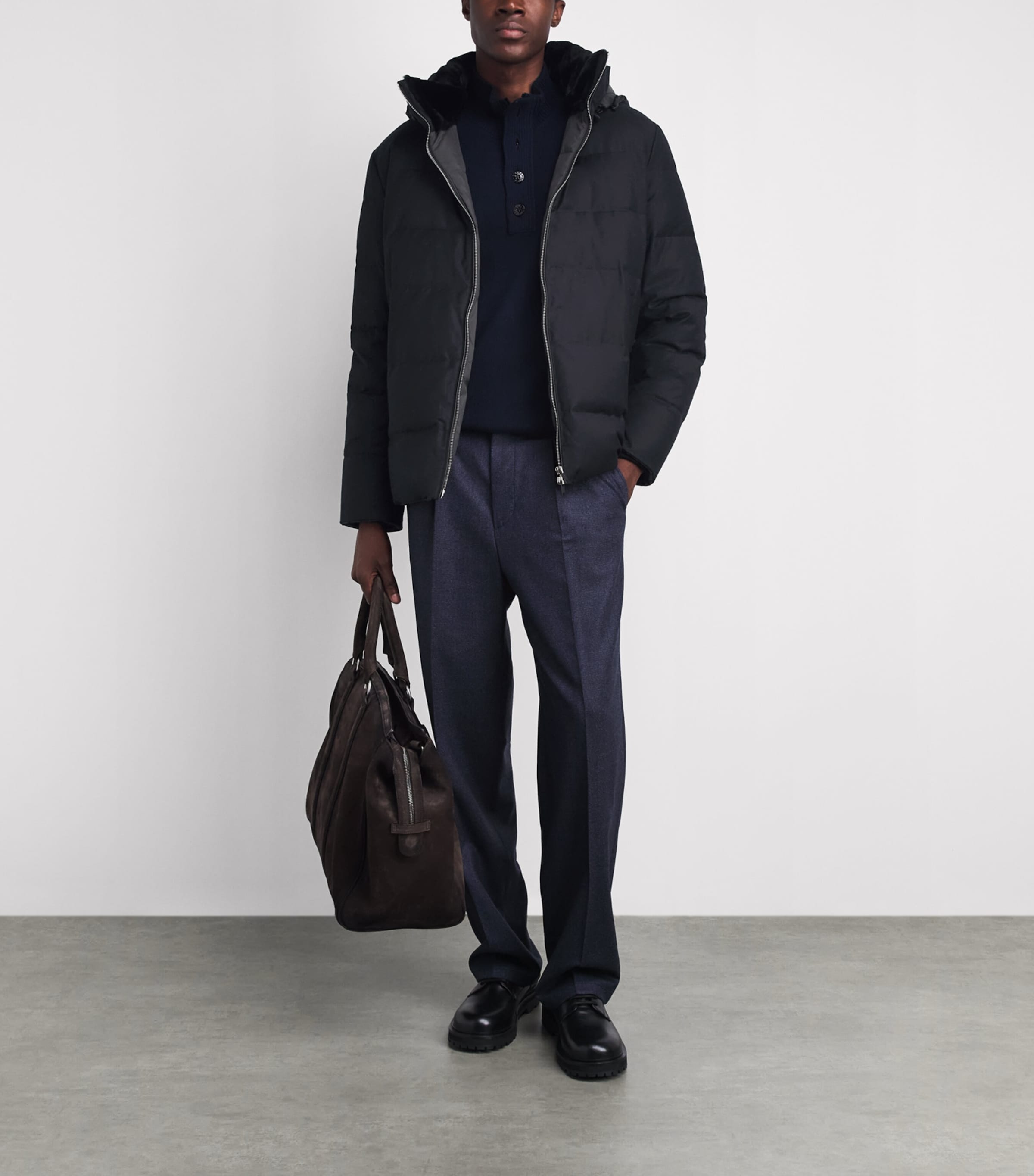 Yves Salomon Mens Down Wool-Silk Hooded Parka Dark Navy Image 2