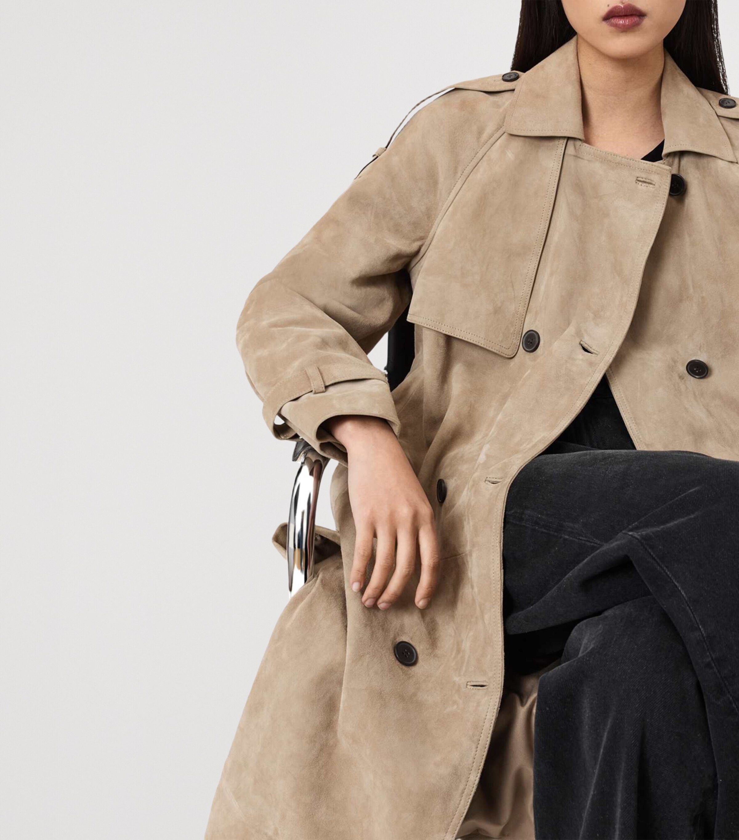 AllSaints Womens Suede Reed Trench Coat Taupe Brown Image 6