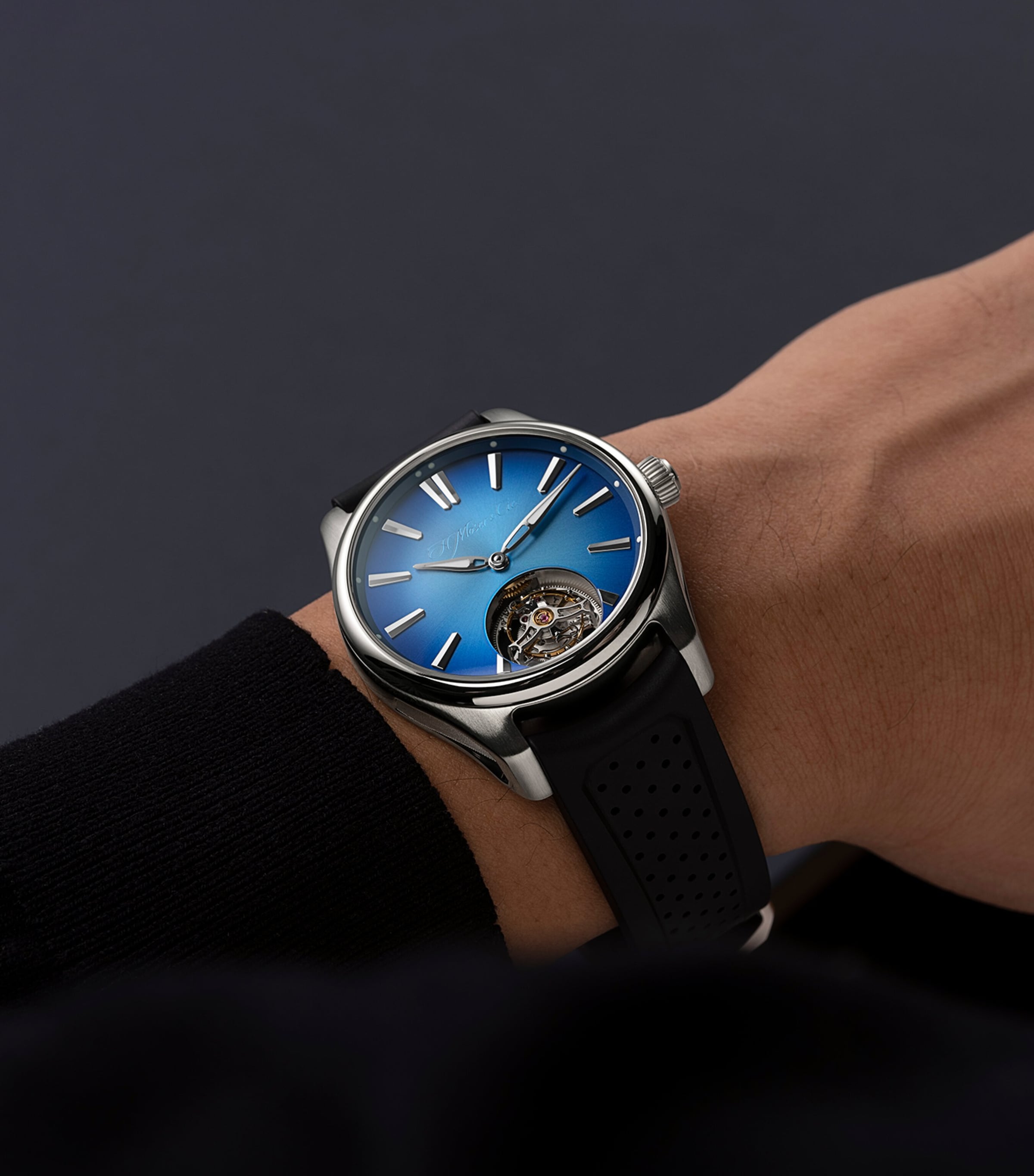 H. Moser & Cie Stainless Steel Pioneer Tourbillon Watch 40mm Blue Image 3
