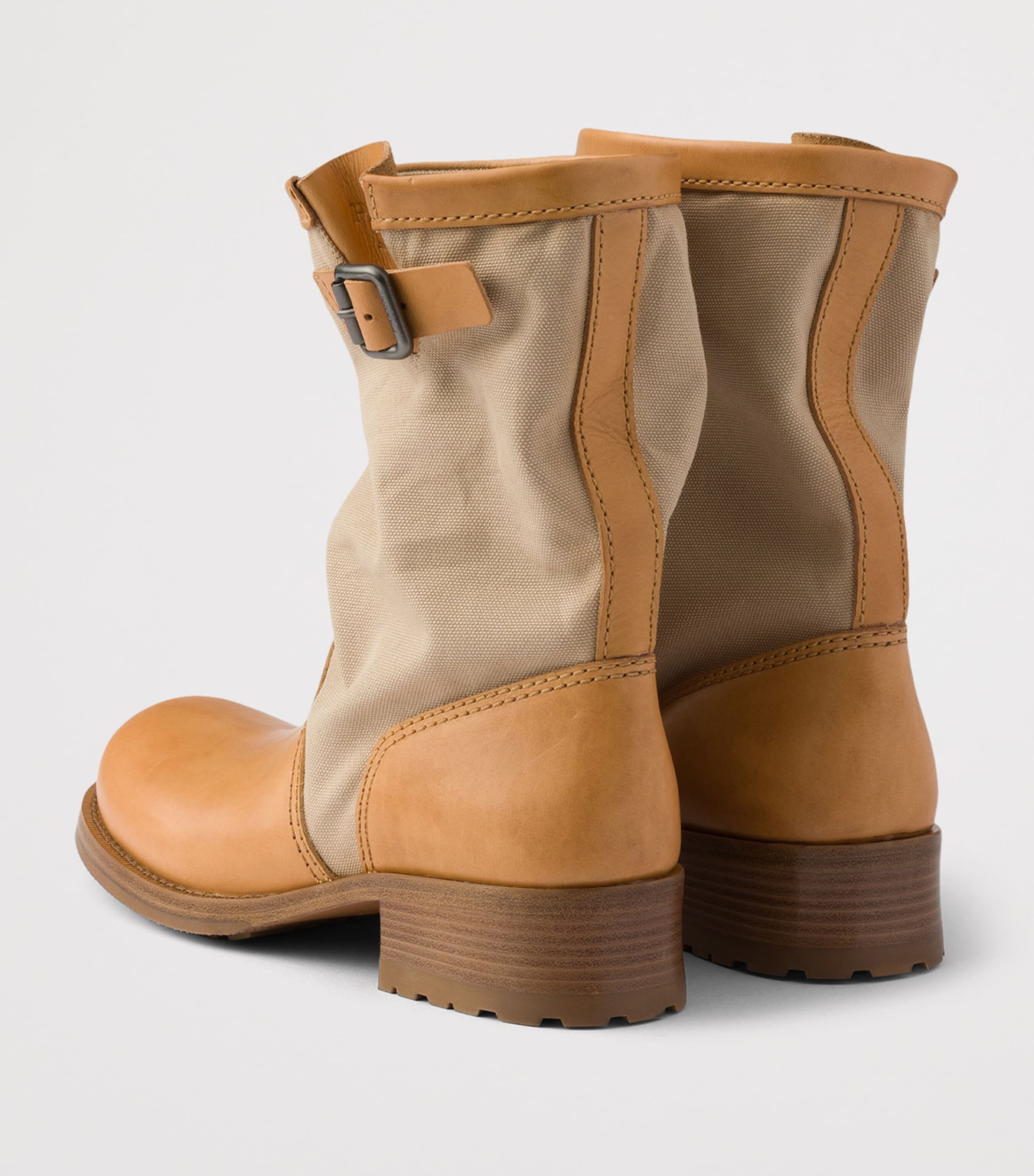 Prada Leather-Canvas Mid-Calf Boots 30 Neutral Image 5