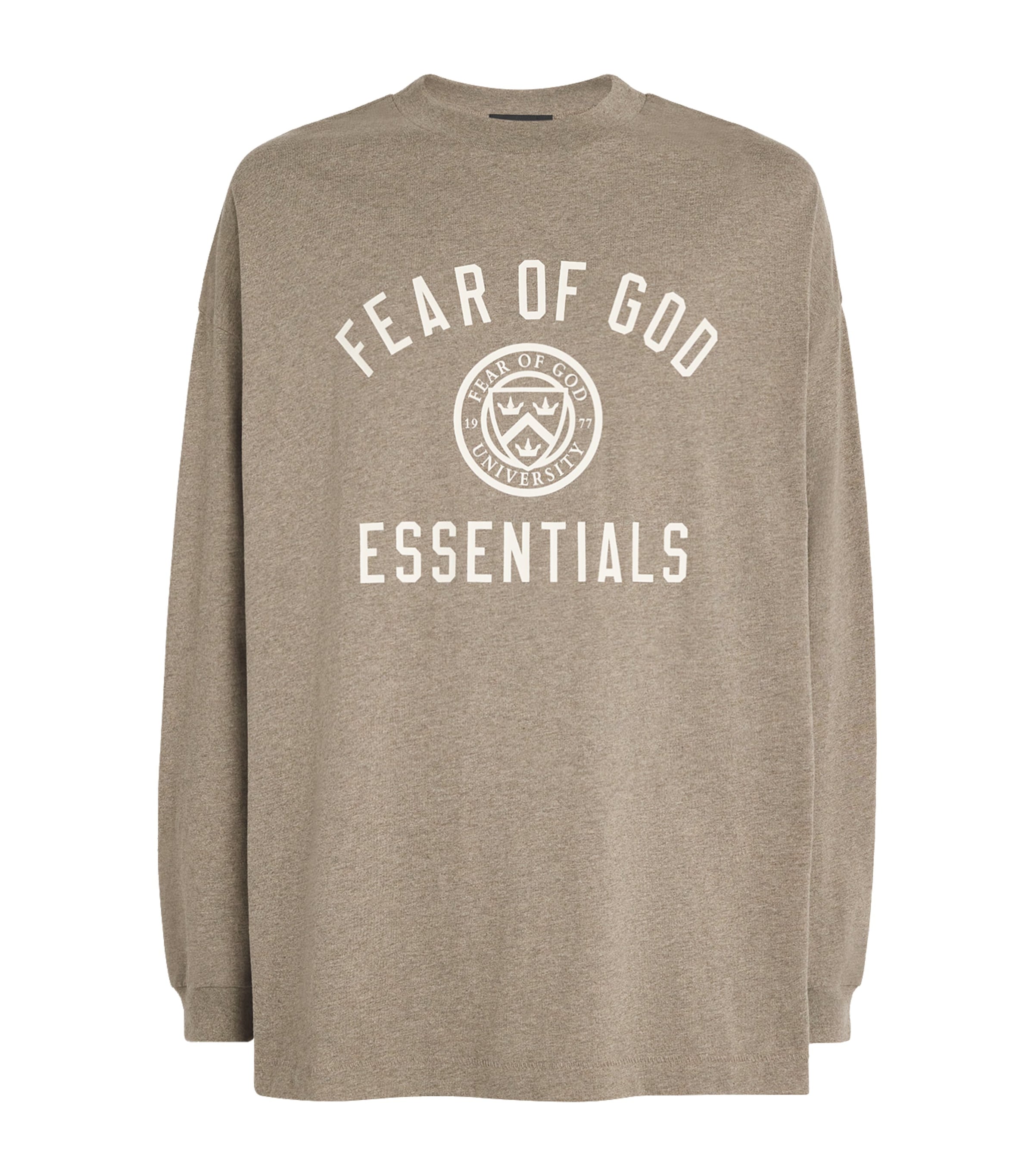 FEAR OF GOD ESSENTIALS Mens Long-Sleeve University Crest Logo T-Shirt Heather Gray Image 1