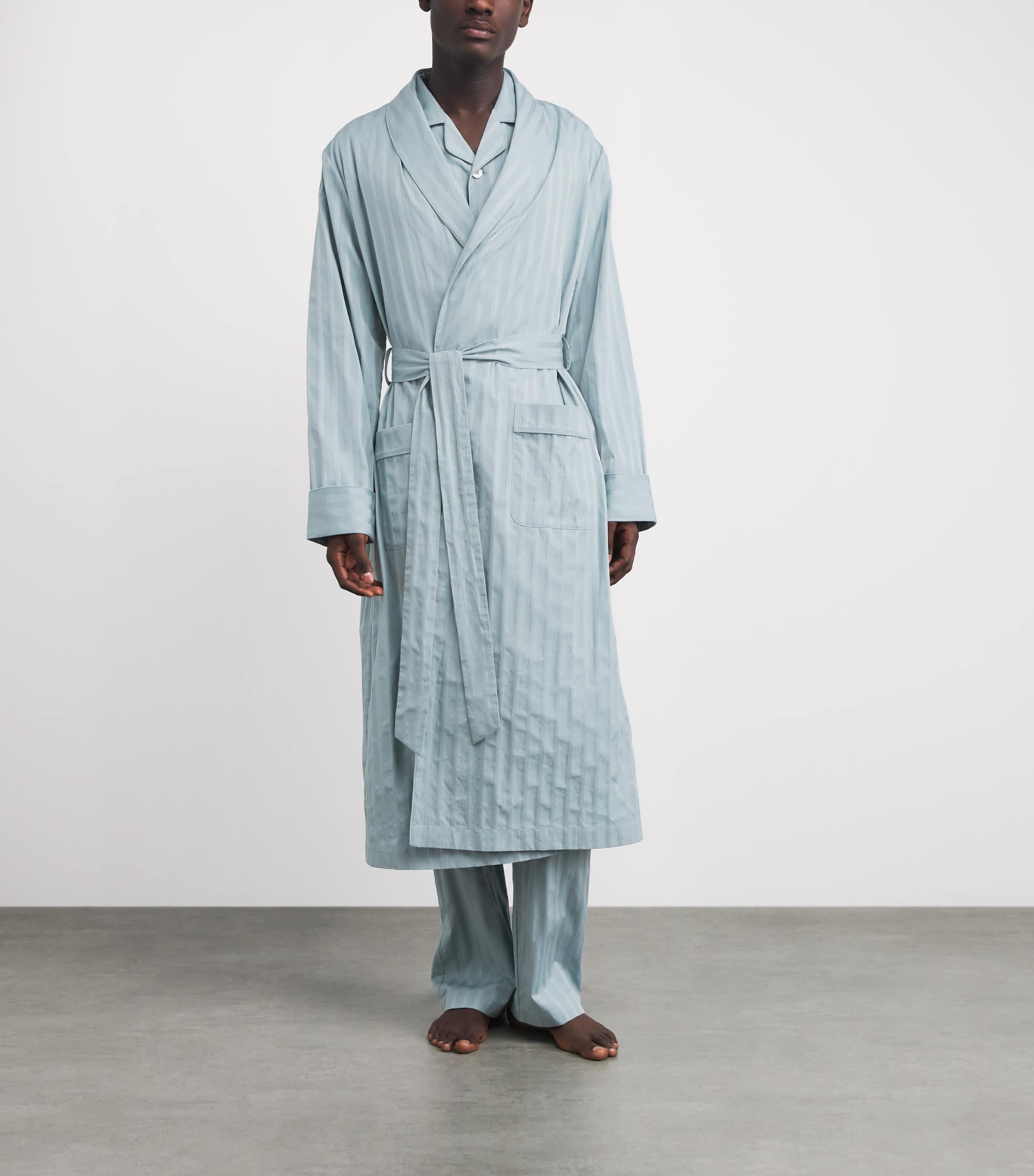 Harrods Mens Cotton Satin-Stripe Night Robe Green Image 2