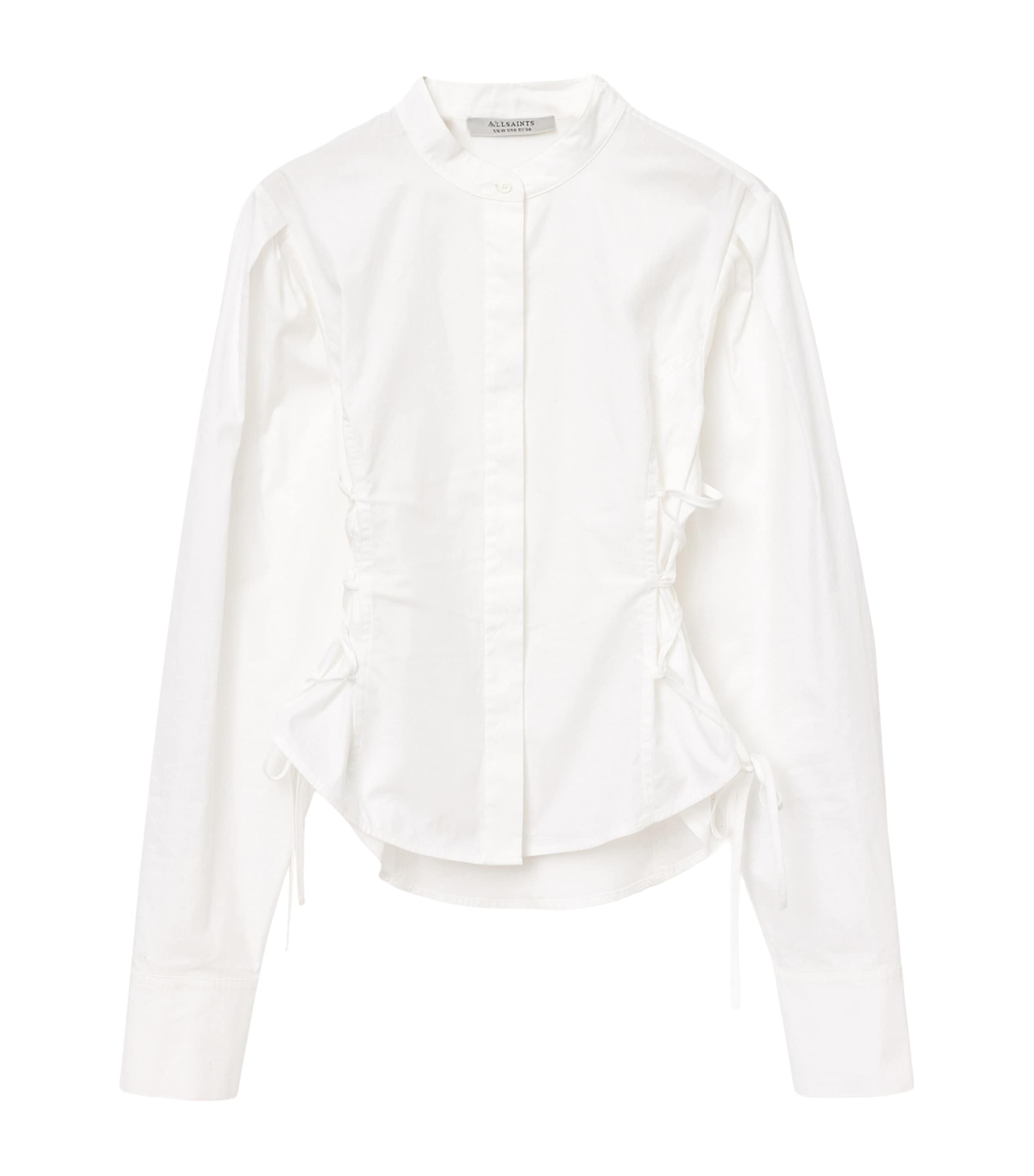 Allsaints Womens Optic White Evanna High-neck Side-tie Cotton Shirt In White