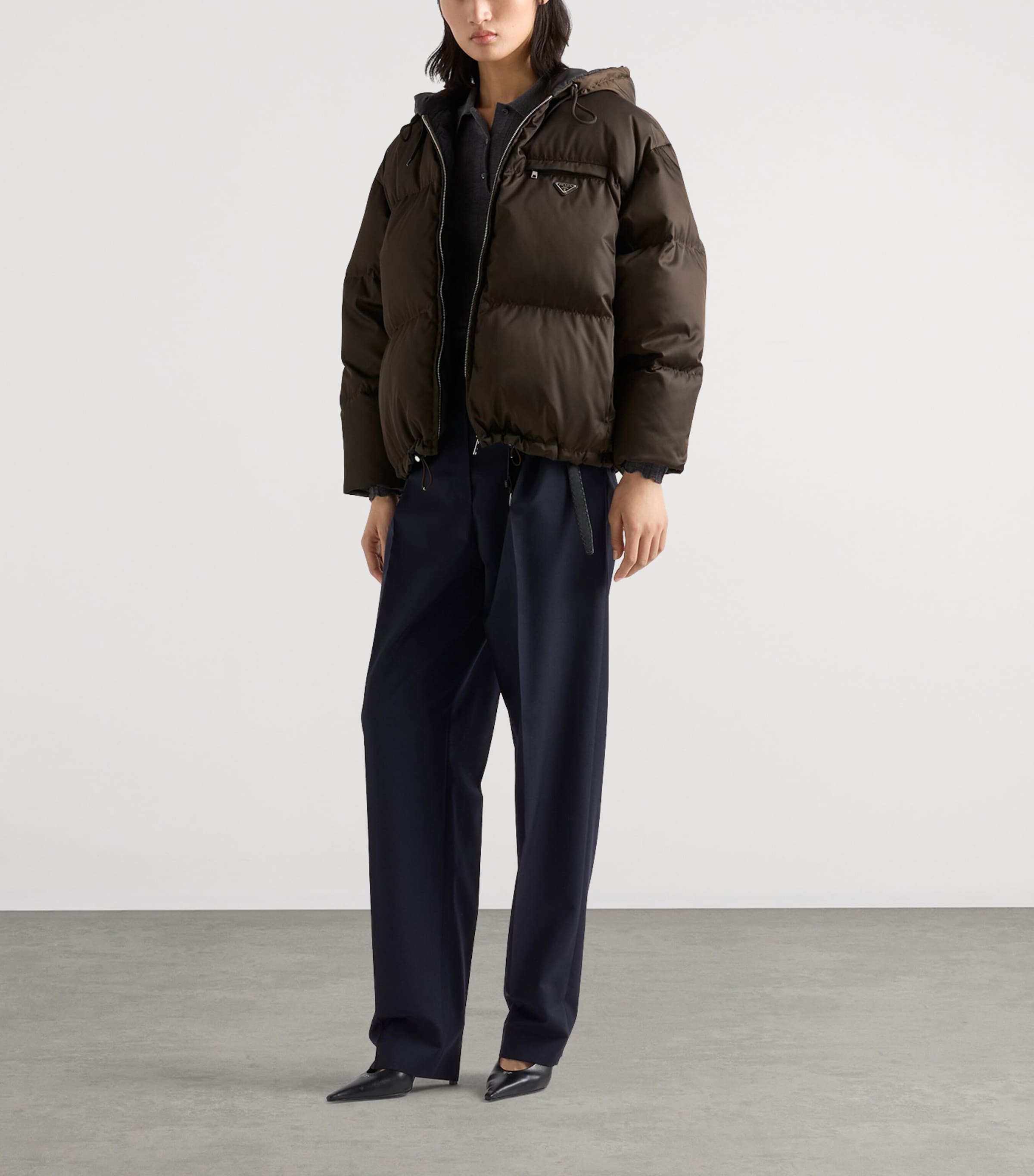Prada Womens Re-Nylon Hooded Down Jacket Brown Image 2