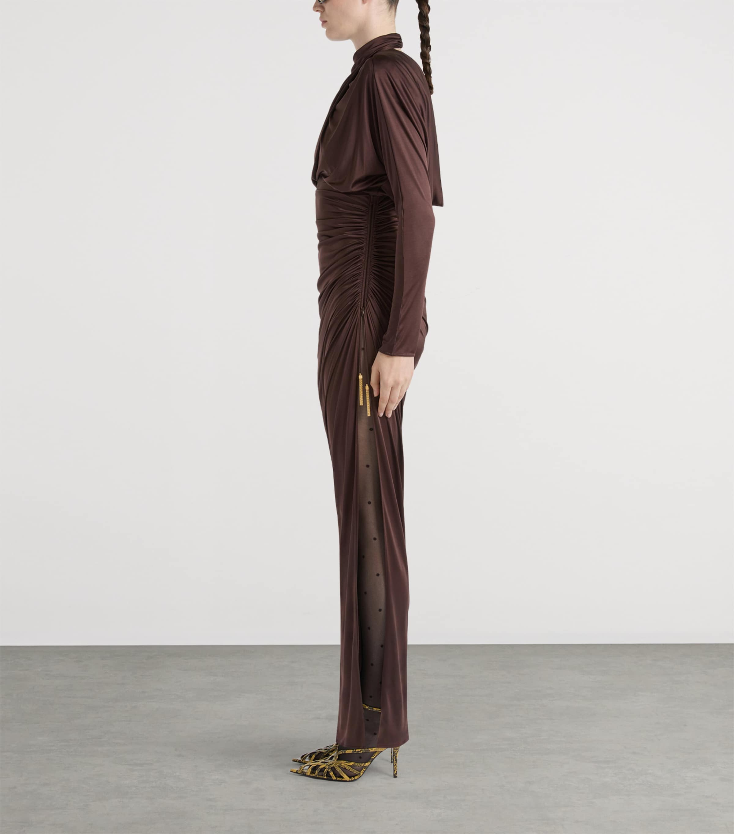 Balmain Womens Draped Long-Sleeve Maxi Dress Brown Marron Image 4