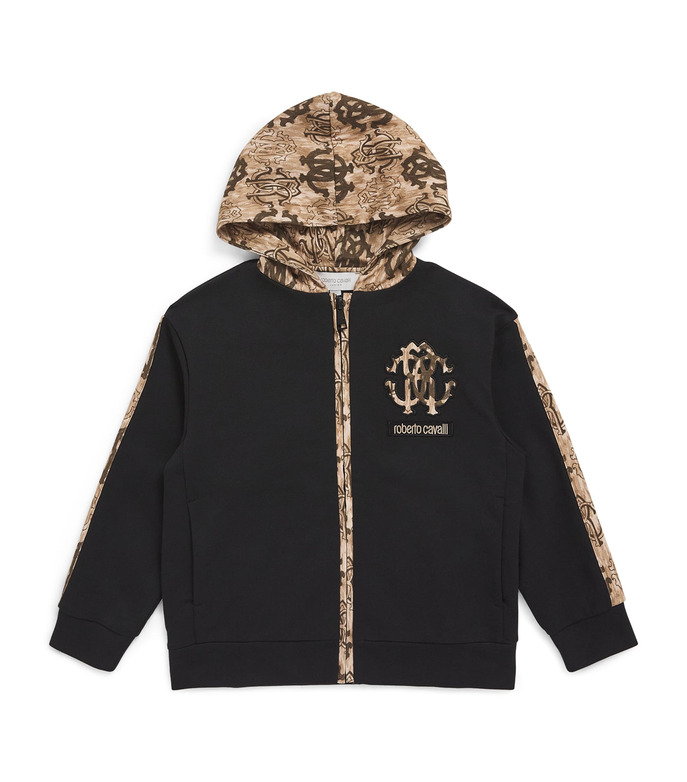 Shop Roberto Cavalli Junior Monogram Zip-up Hoodie In Black