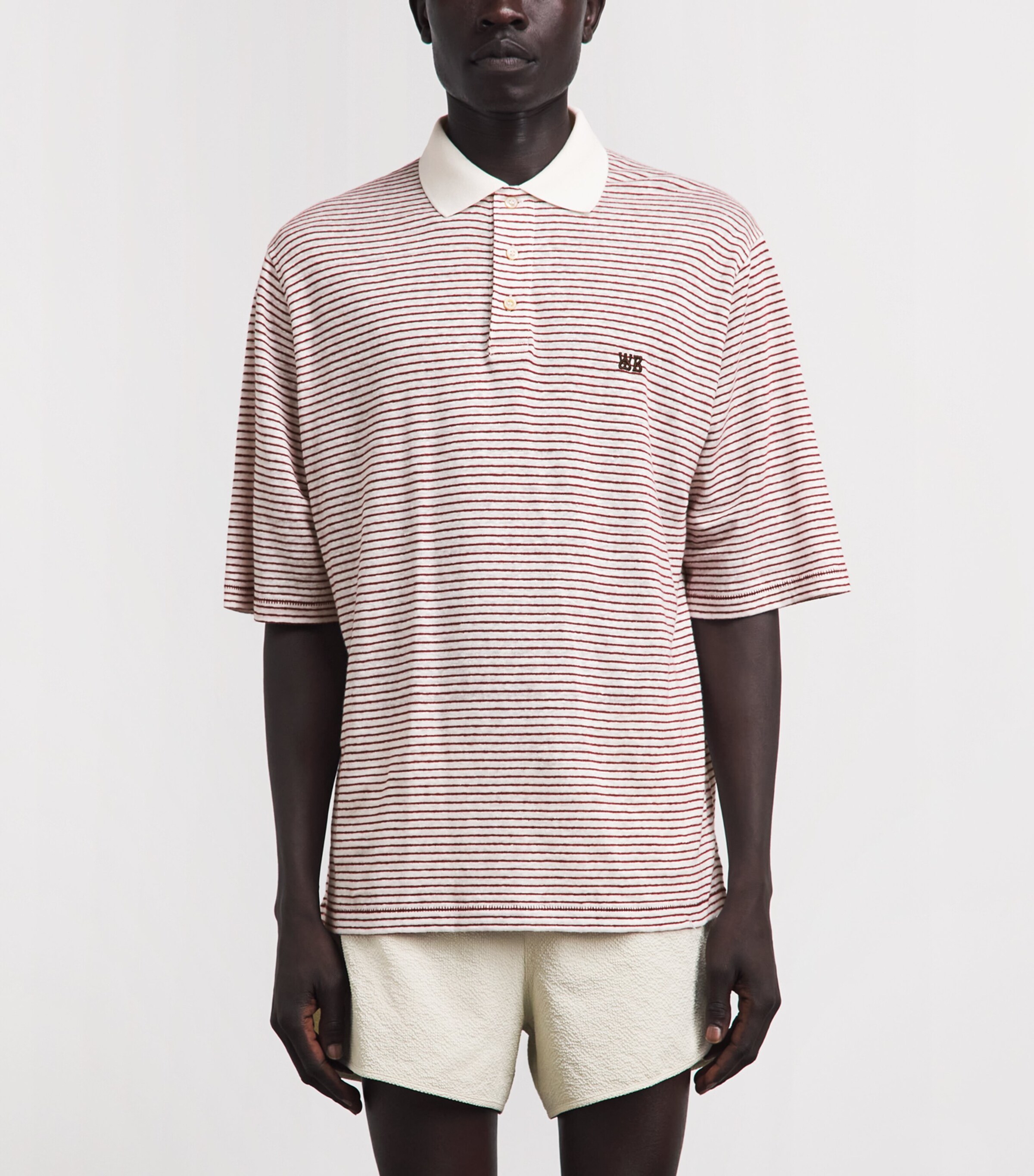 Wales Bonner Mens Linen-Cotton Stripe Bask Polo Shirt Ivory / Wine Image 4