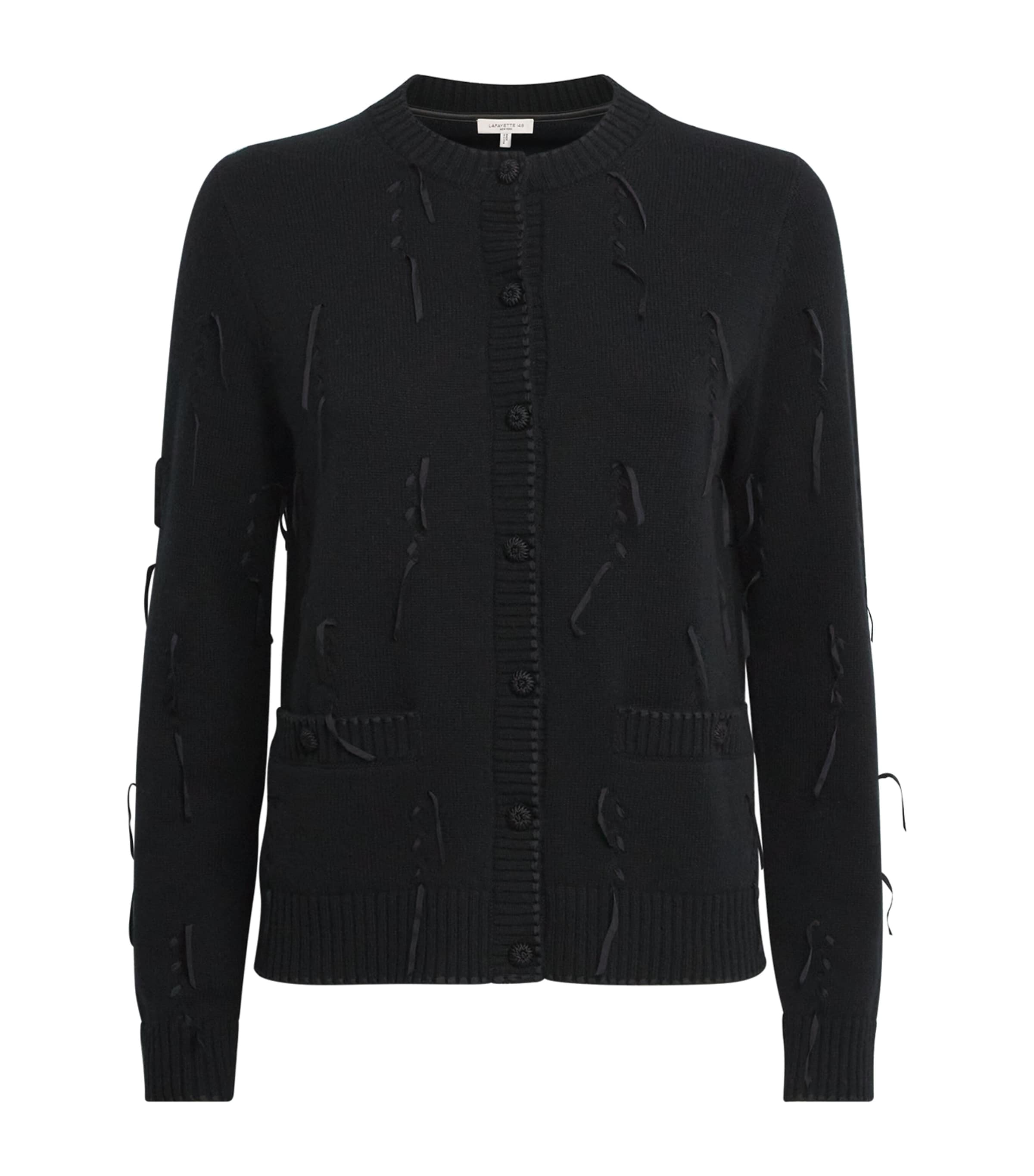 Lafayette 148 Cashmere Ribbed-embellished Cardigan In Black