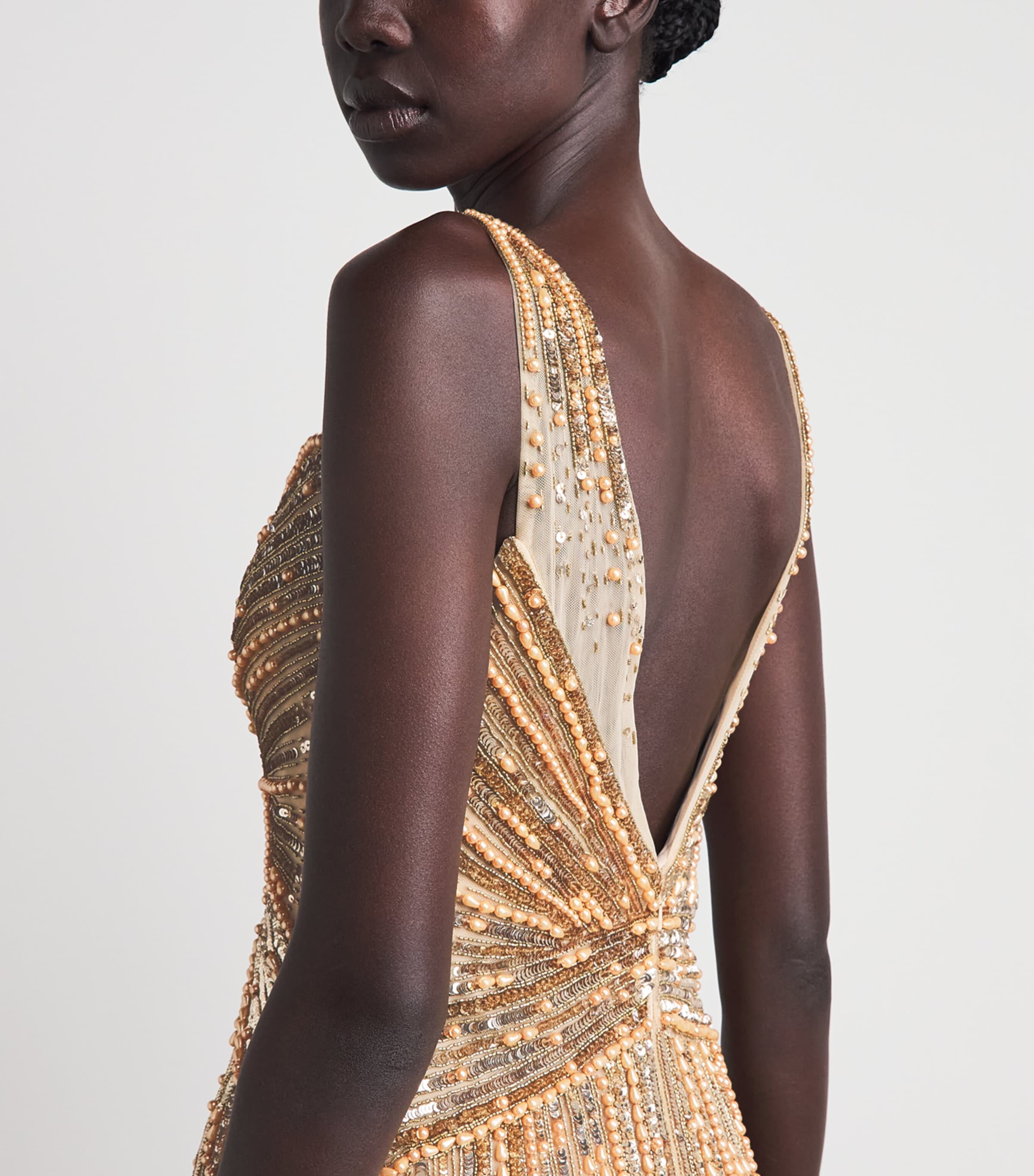 Pamella Roland Womens Tulle Embellished V-Neck Gown Antique Gold Image 3