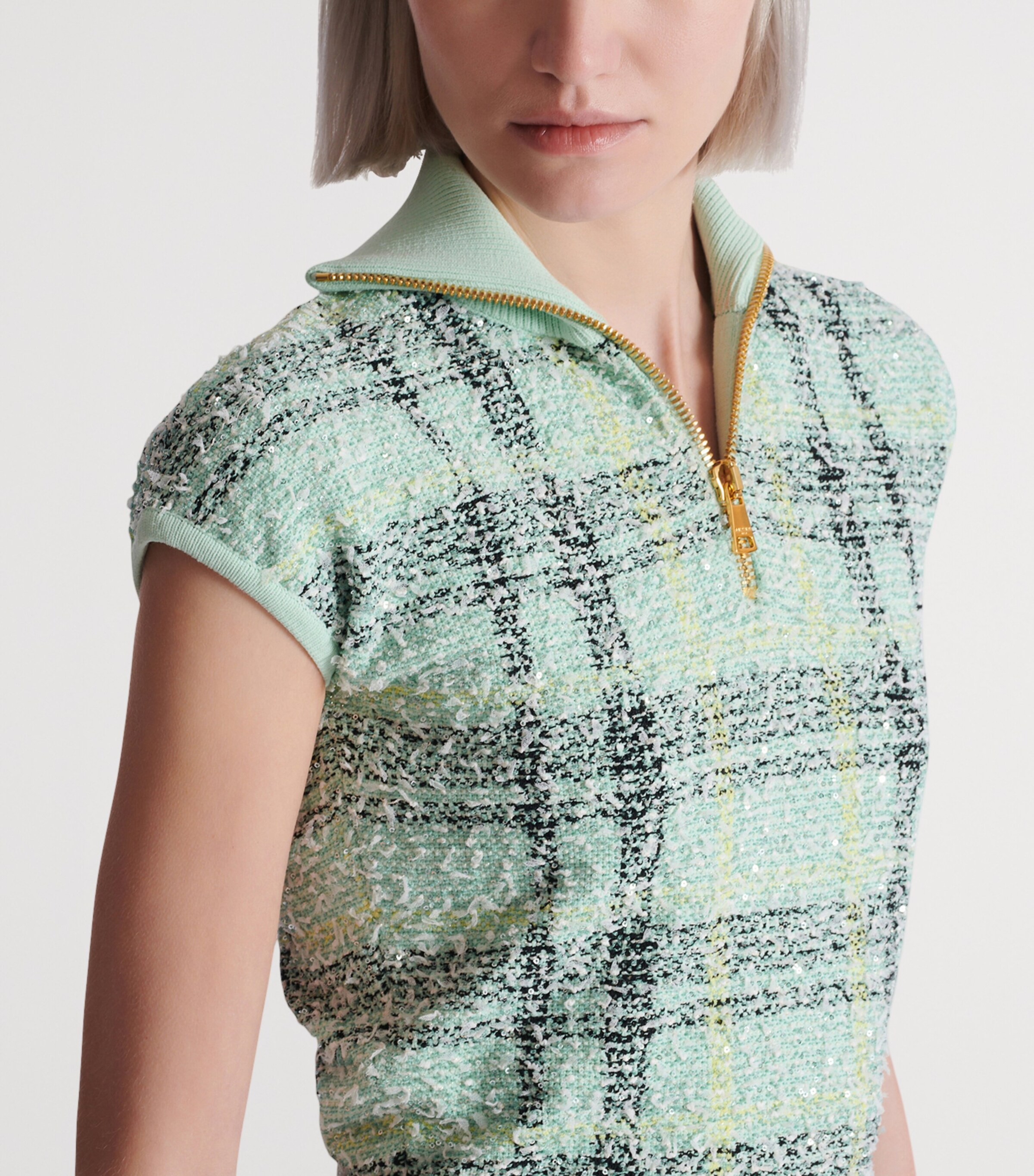 Tweed Embellished Plaid Top ULM VERT/JAUNE/NOIR Image 6