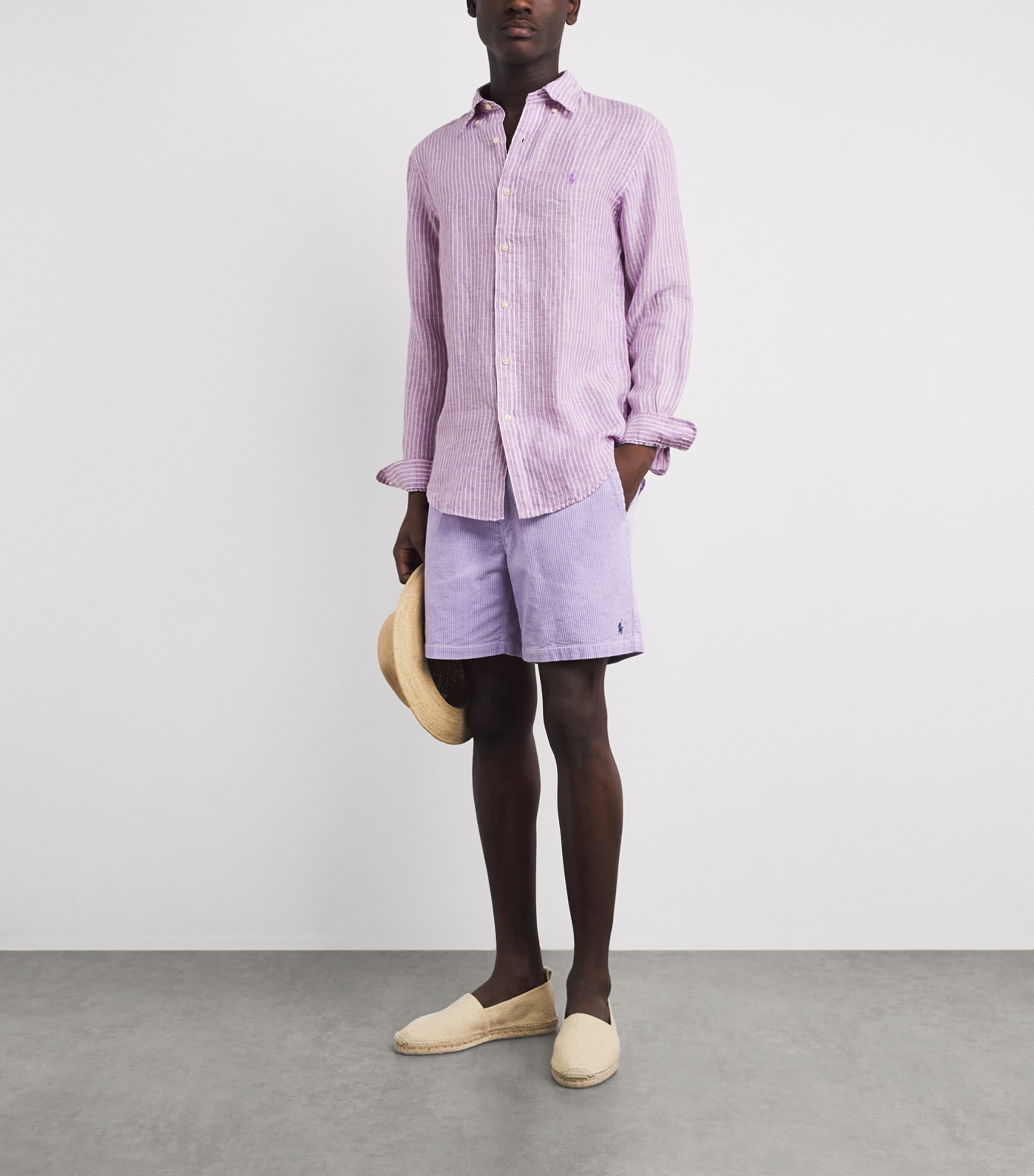 Polo Ralph Lauren Mens Linen Striped Custom-Fit Shirt Lavender White Image 2