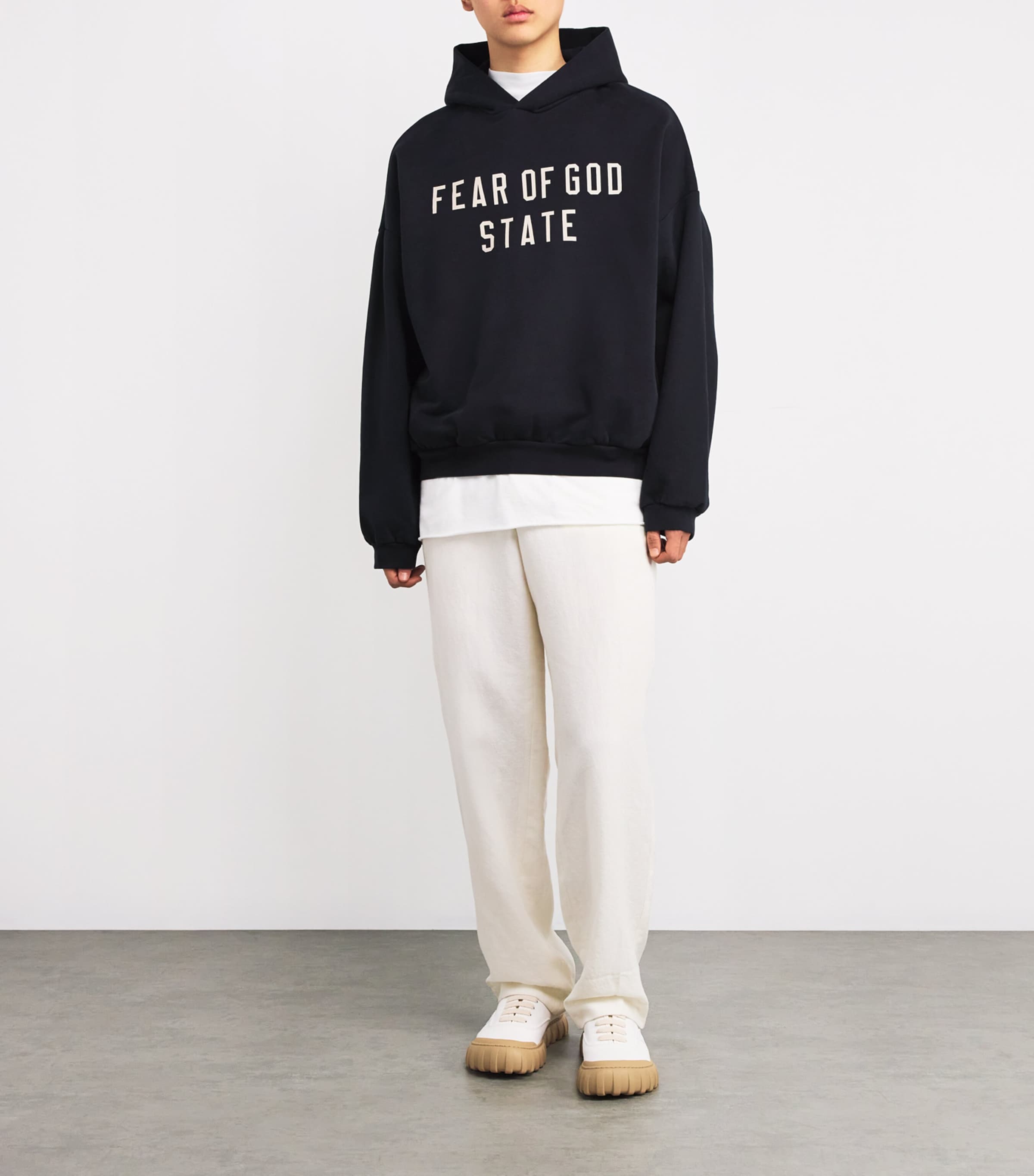 FEAR OF GOD ESSENTIALS Black Cotton State Logo Hoodie | Harrods US