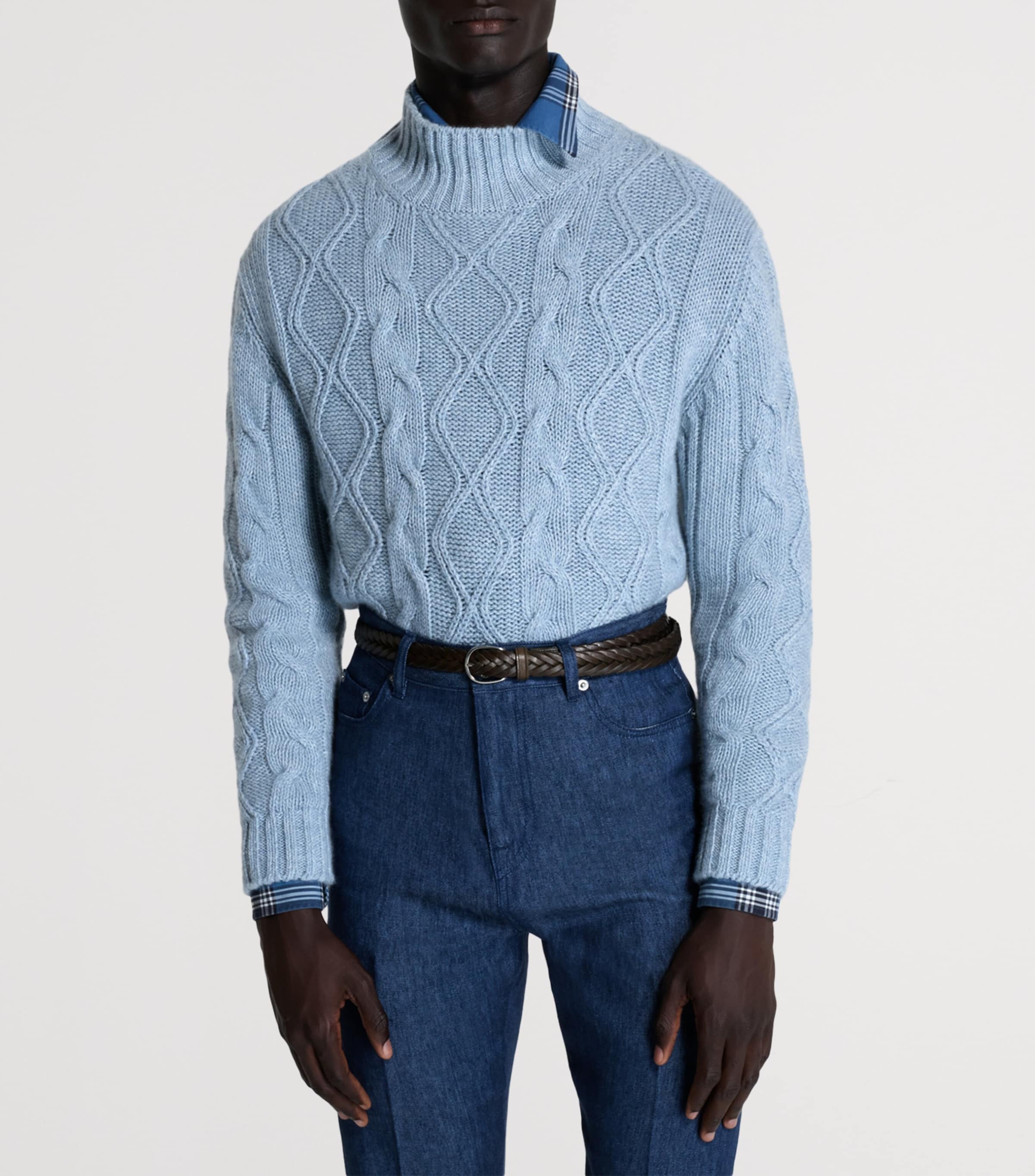 Dunhill Mens Cashmere-Blend Aran Cable-Knit Sweater Denim Image 4