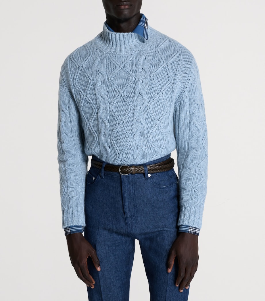 Dunhill Mens Cashmere-Blend Aran Cable-Knit Sweater Denim Image 4