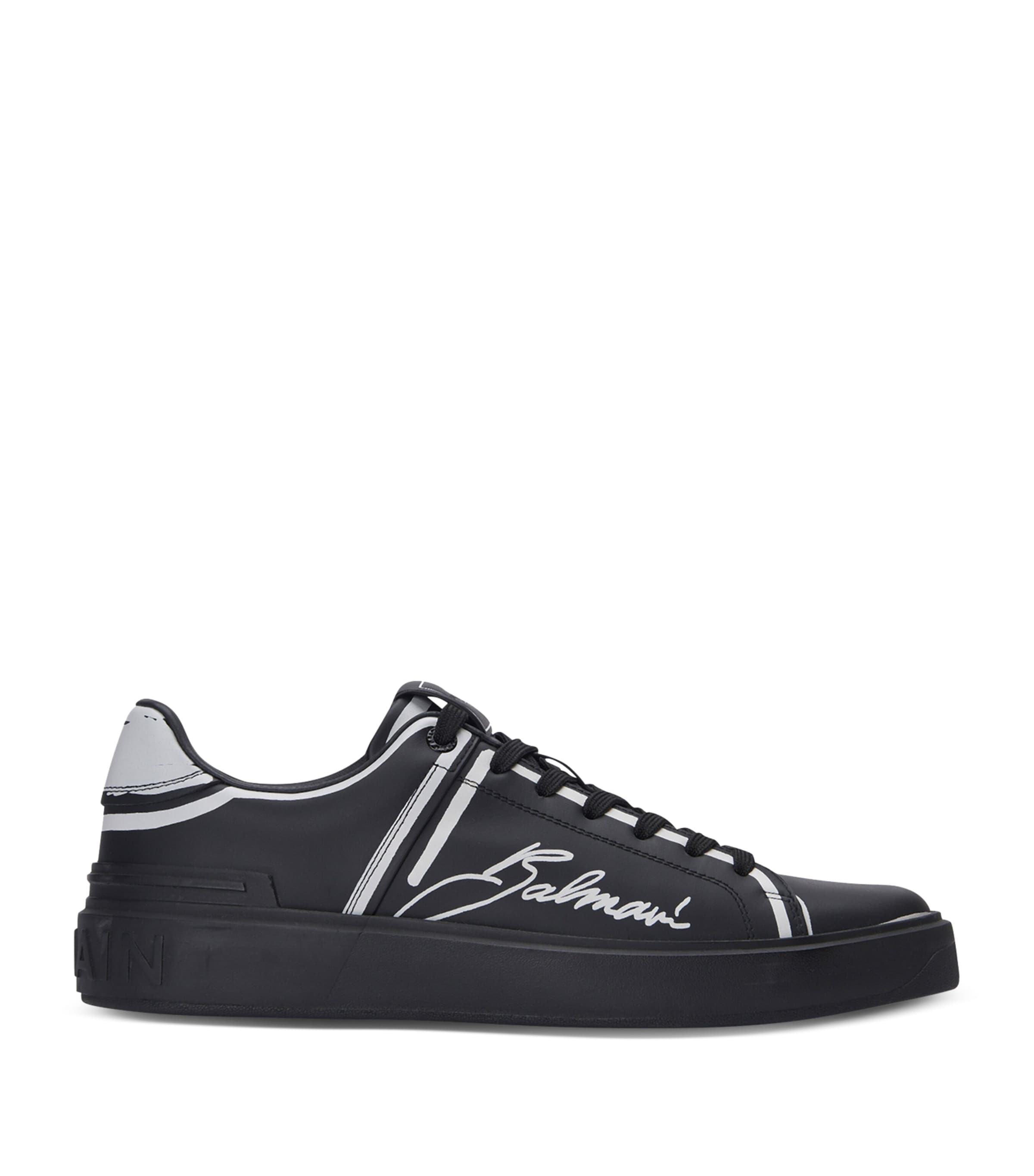 Balmain Calfskin B-court Printed Sneakers In Black