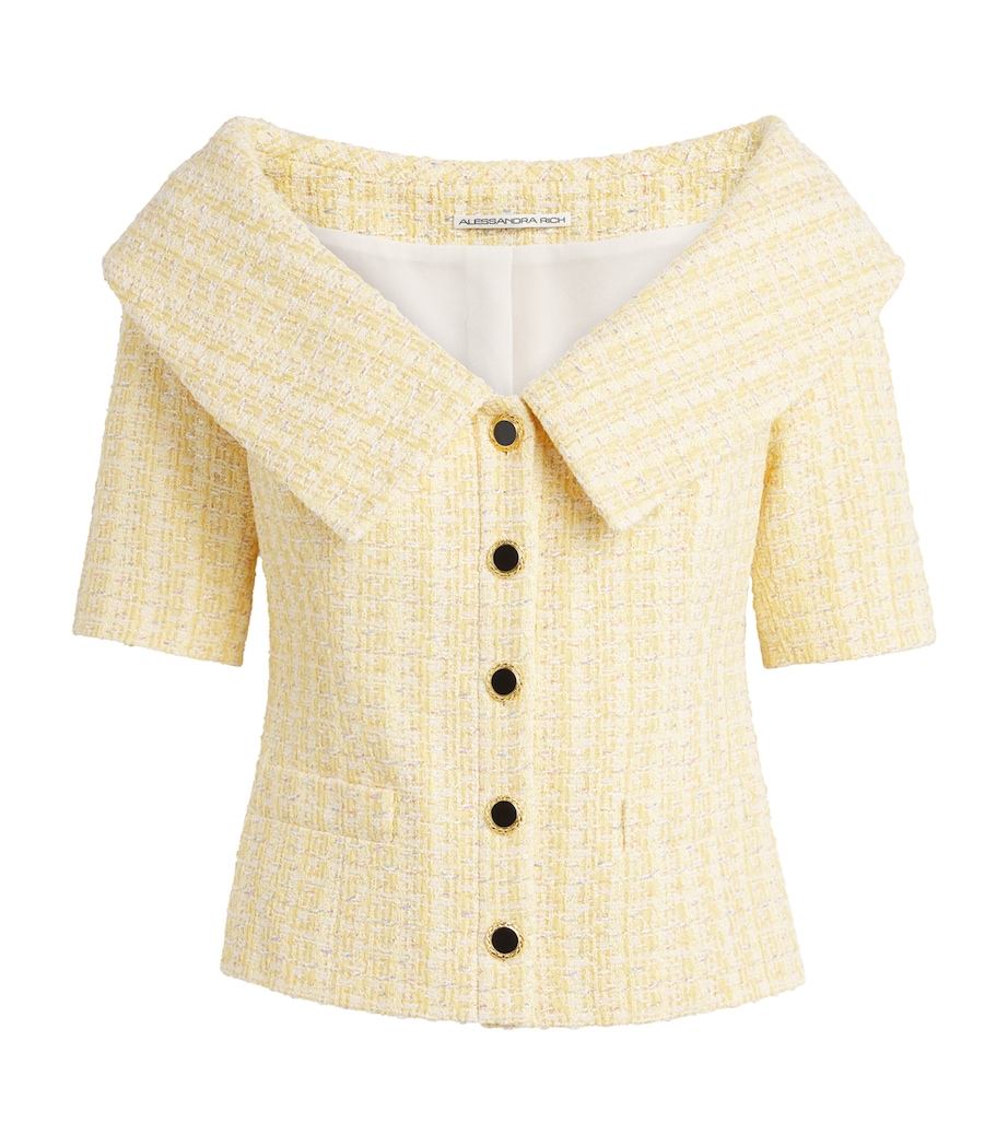 Alessandra Rich Womens Tweed Sequin Off-The-Shoulder Top Yellow Whit Image 1