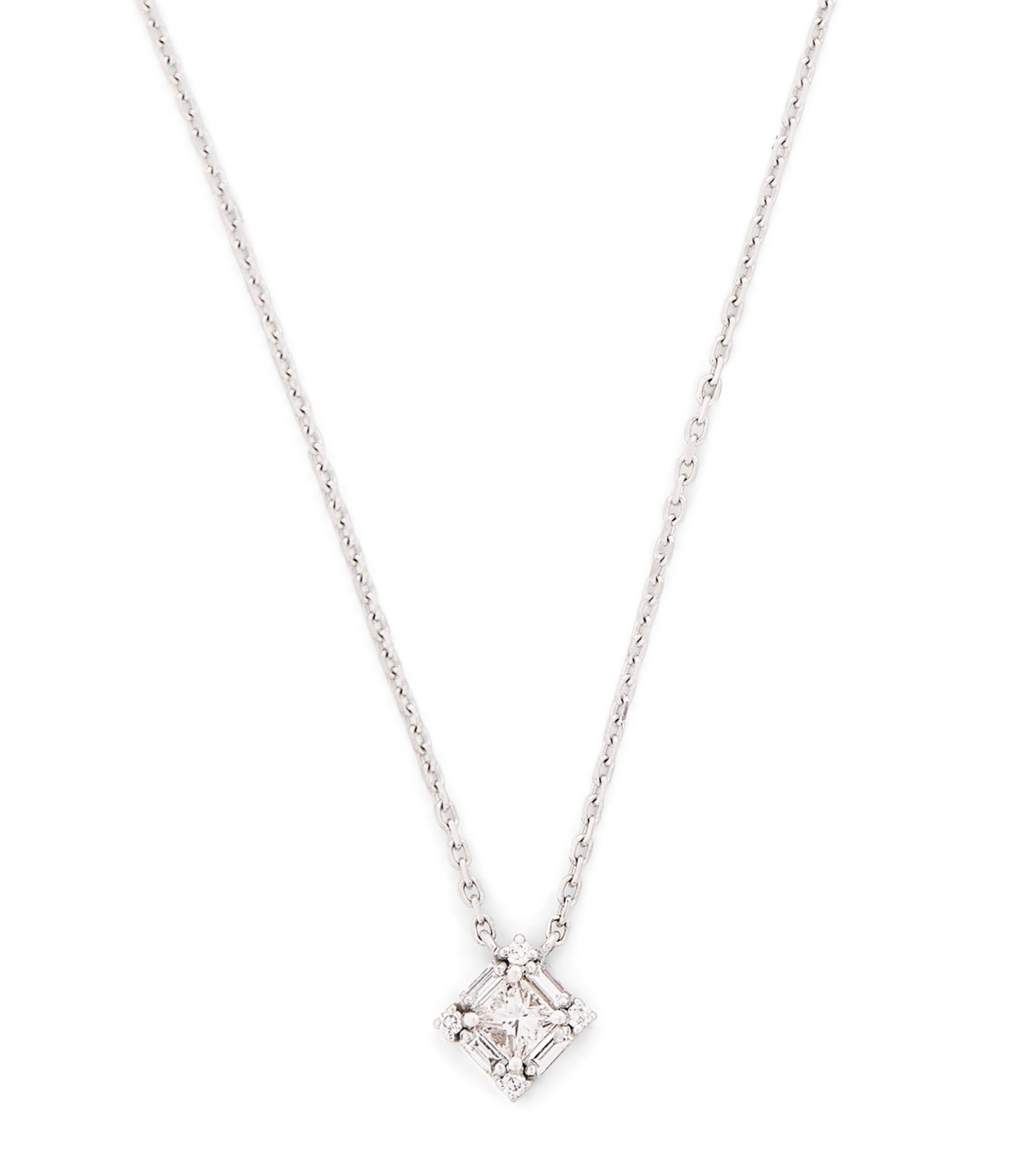 Suzanne Kalan Mini White Gold And Diamond Princess Square Necklace In White