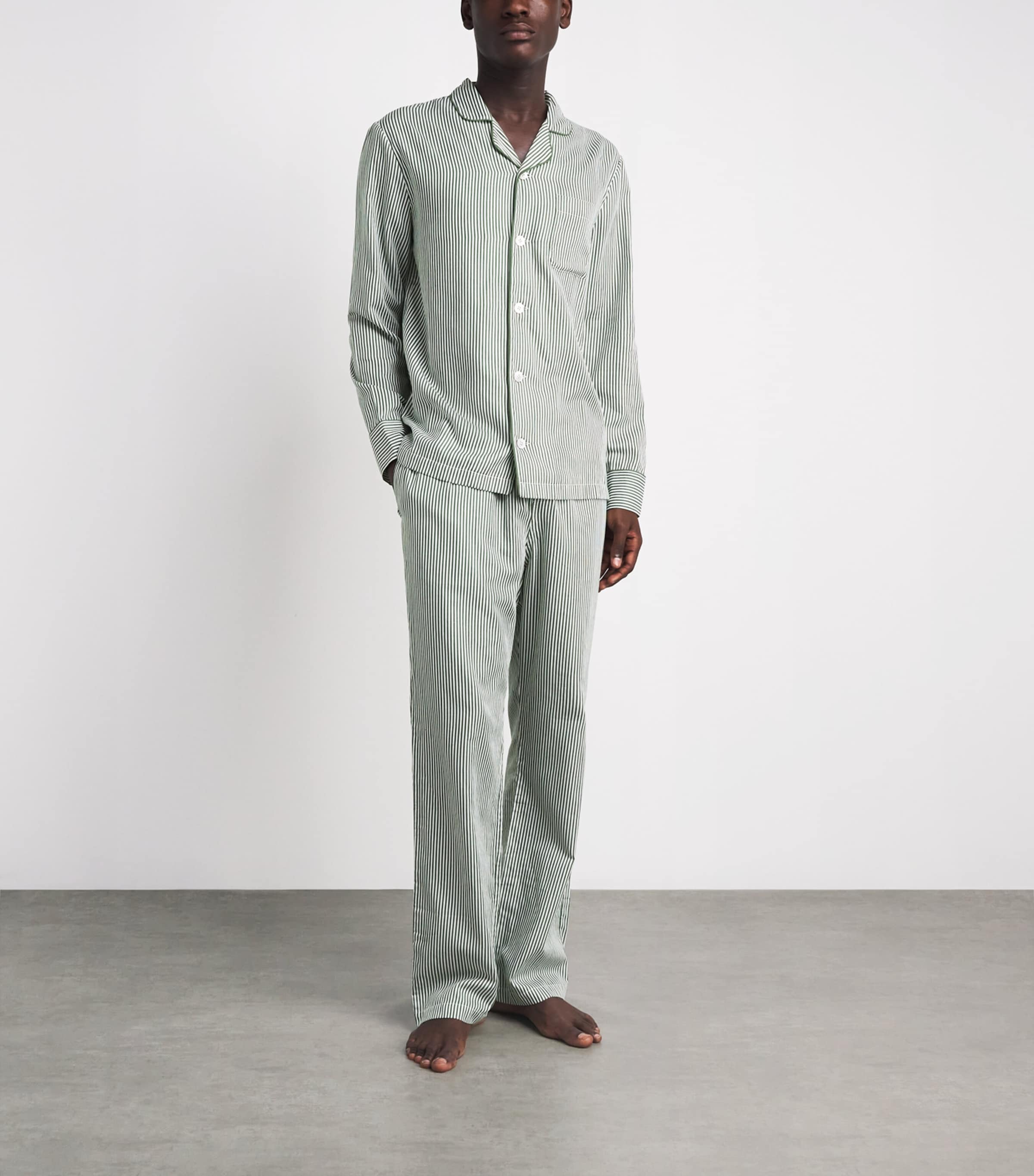 Harrods Mens Cotton Stripe Pyjama Shirt Green Image 2