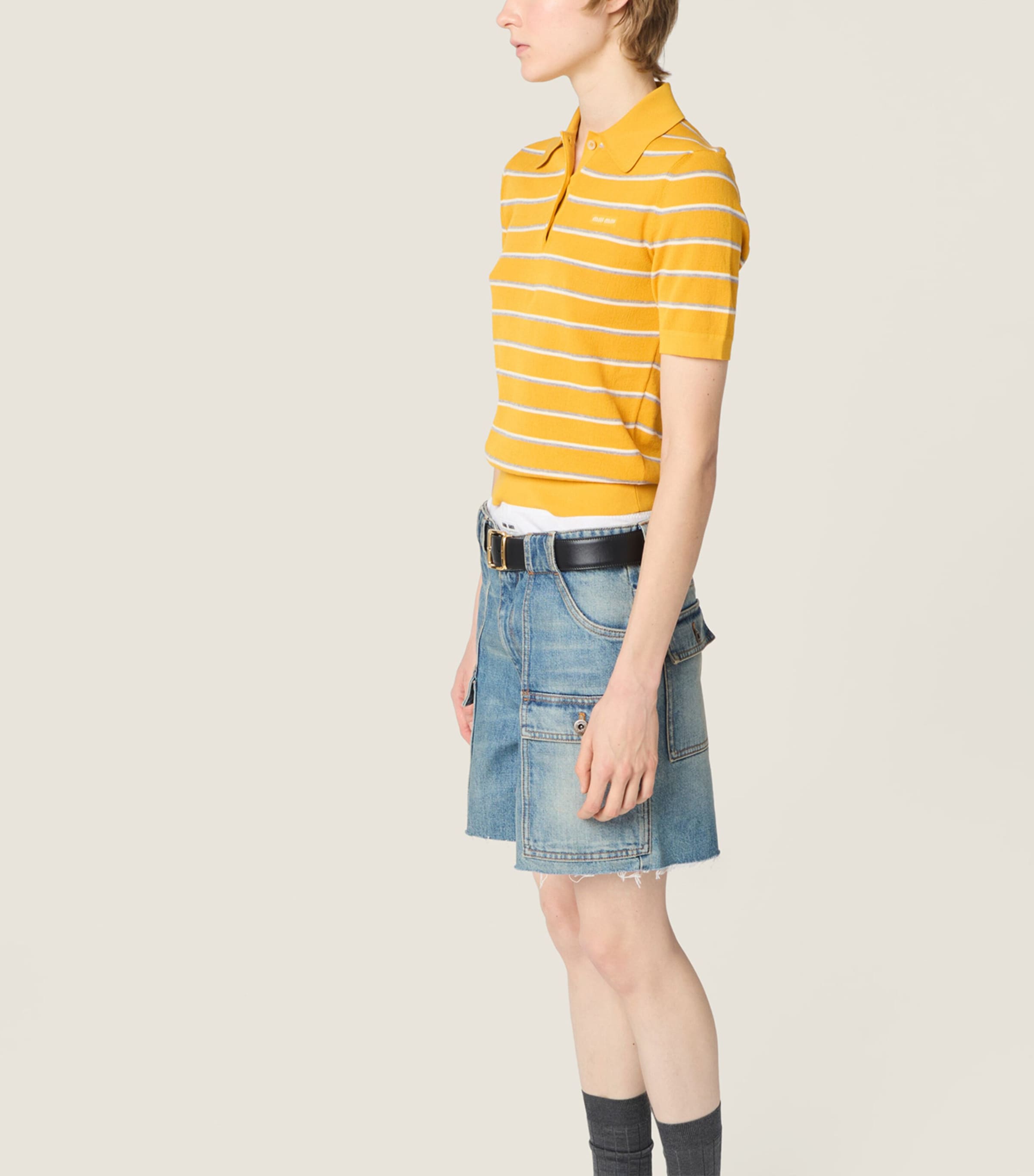 Miu Miu Womens Cotton Stripe Polo Shirt Yellow Image 5