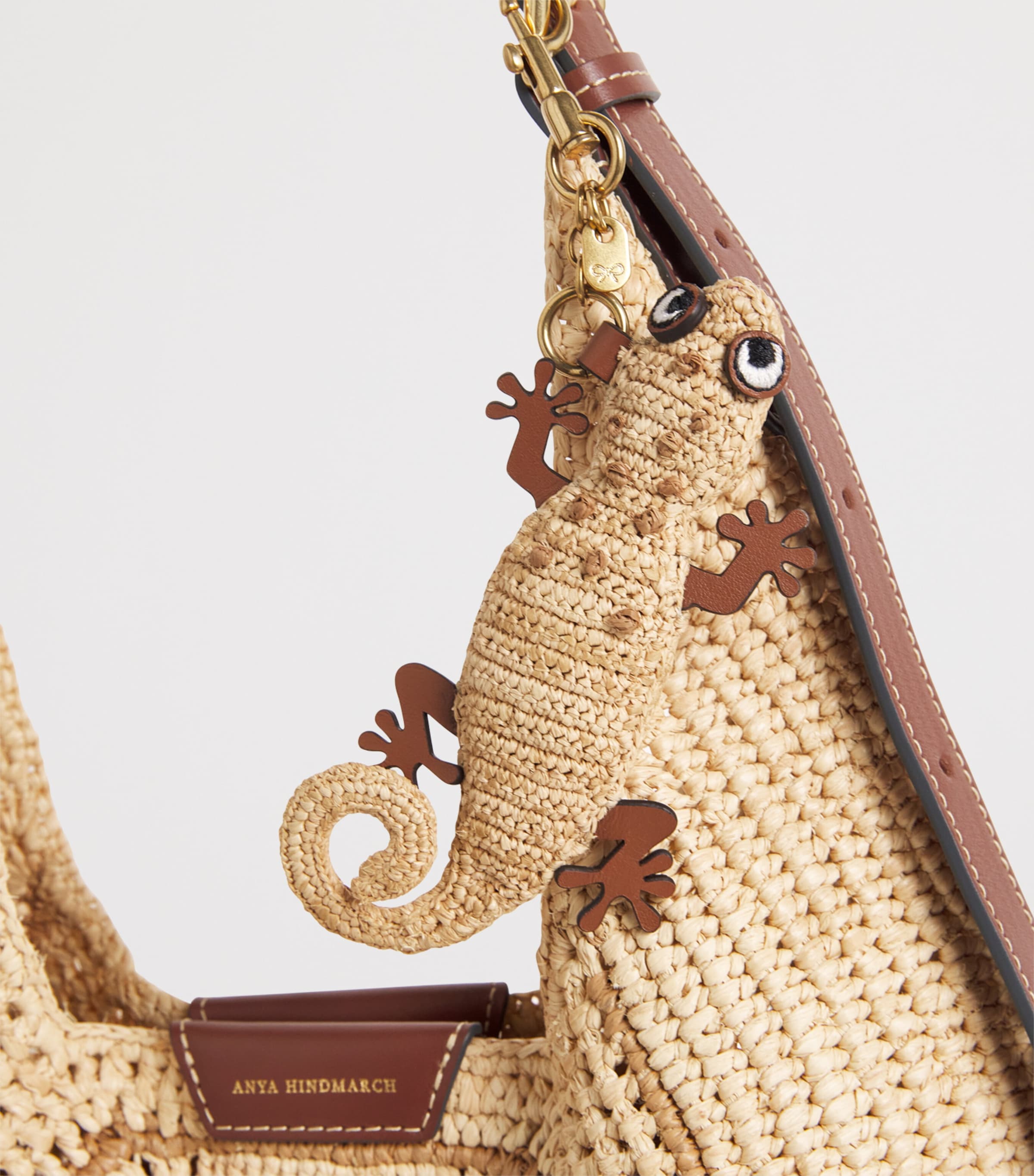 Anya Hindmarch Raffia Leather-Detail Gecko Keyring Natural Raffia Image 3
