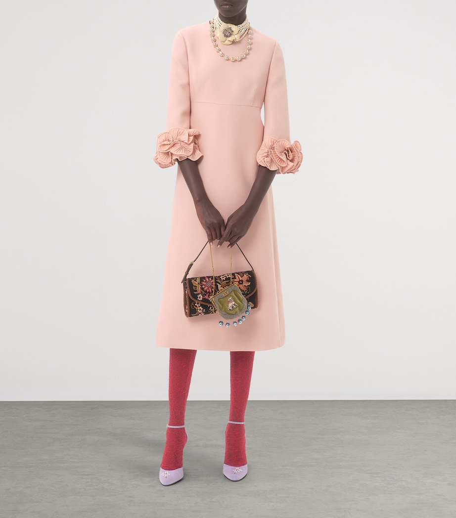 Wool-Silk Floral-Sleeve Midi Dress 0LZ Image 4