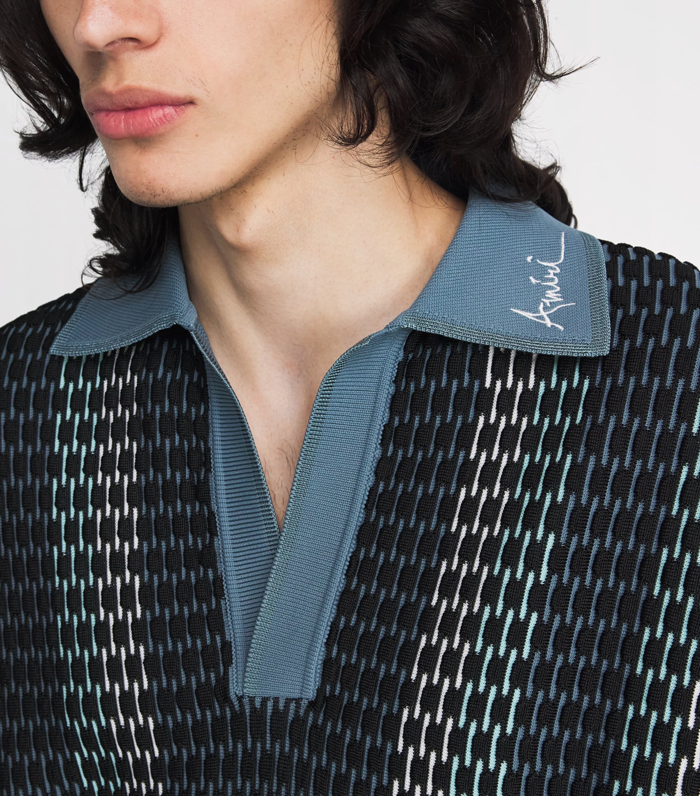 AMIRI Mens Stripe Embroidered Polo Sweater Blue Image 3