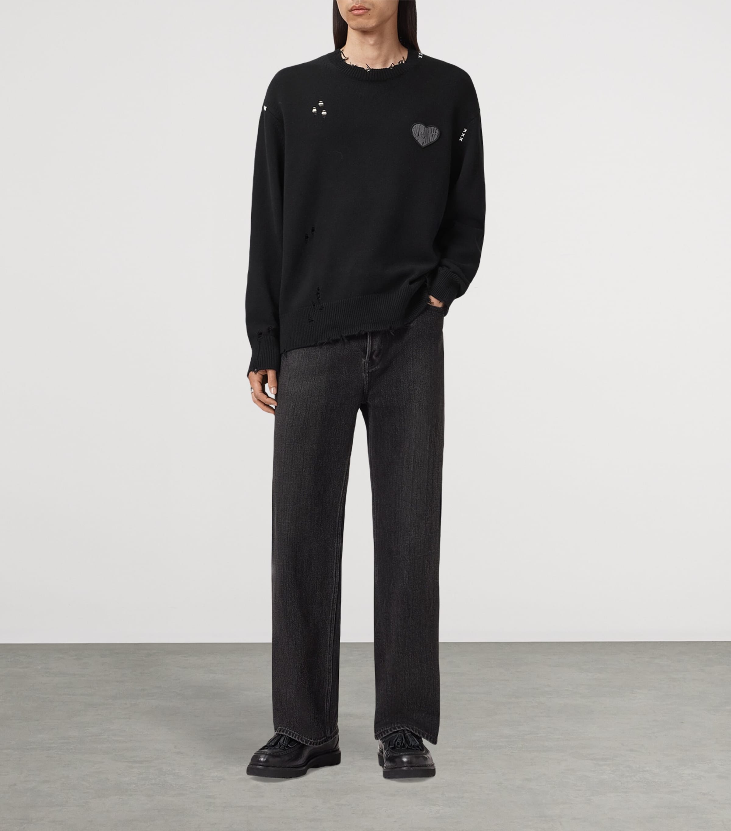 Cotton Distressed Theo Sweater BLACK Image 2