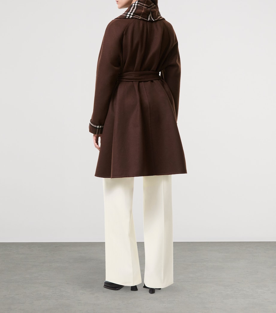 Burberry Womens Wool Check-Trim Wrap Coat Treacle Brown/brn Ck Image 3