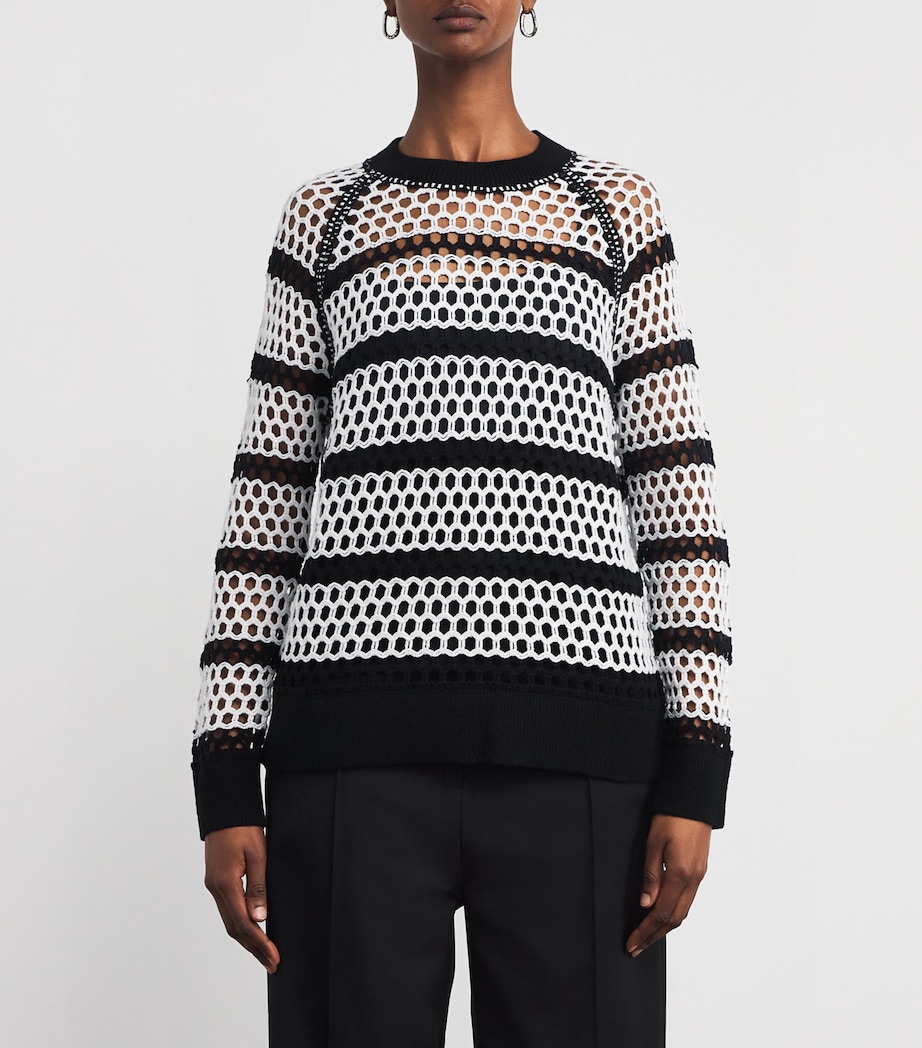 Cotton Open-Knit Sweater WHITE BLACK Image 3