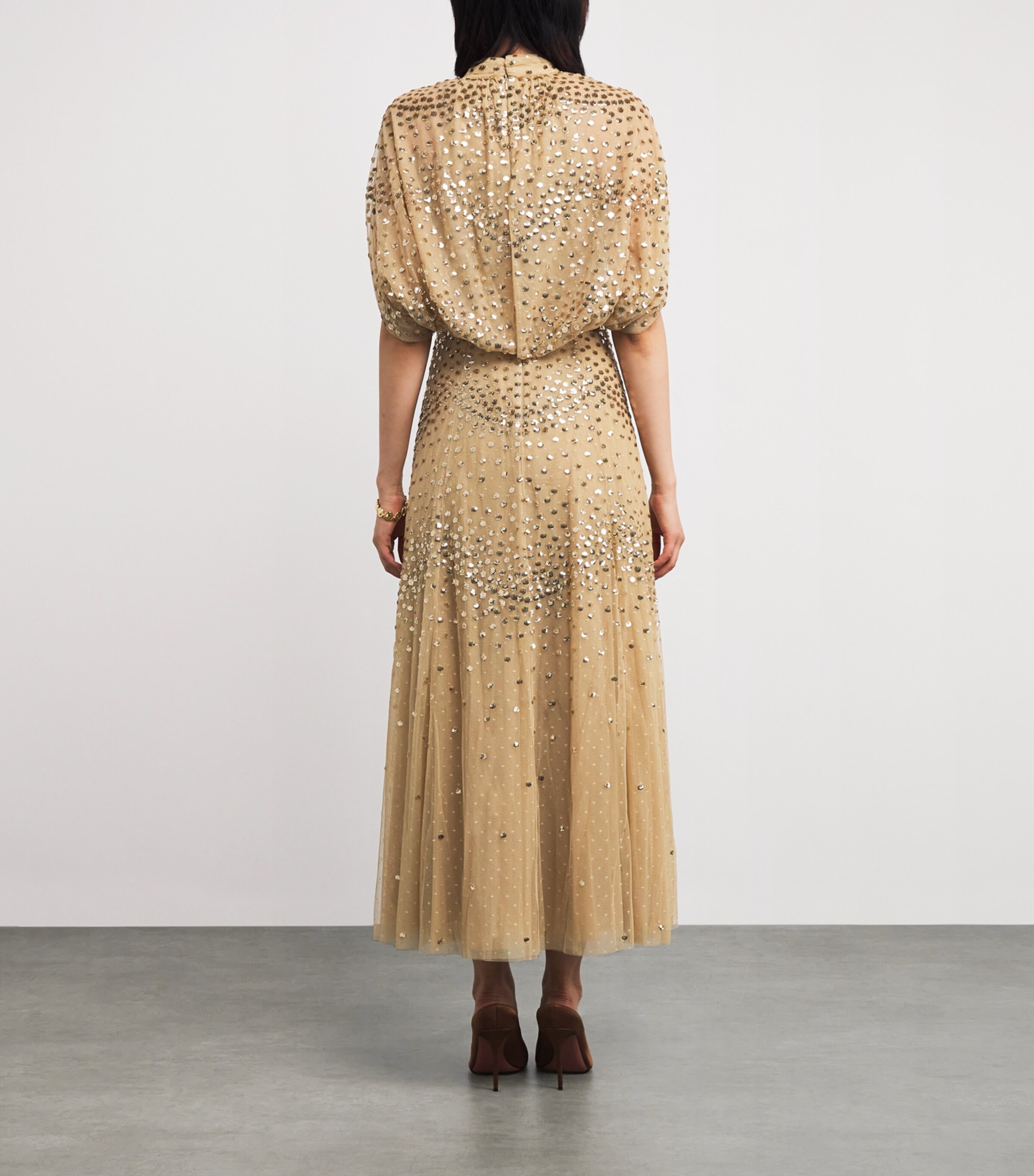 mango puff sleeve embroidered dress Sequin Square Neck Maxi With Scallop Hem - Gold