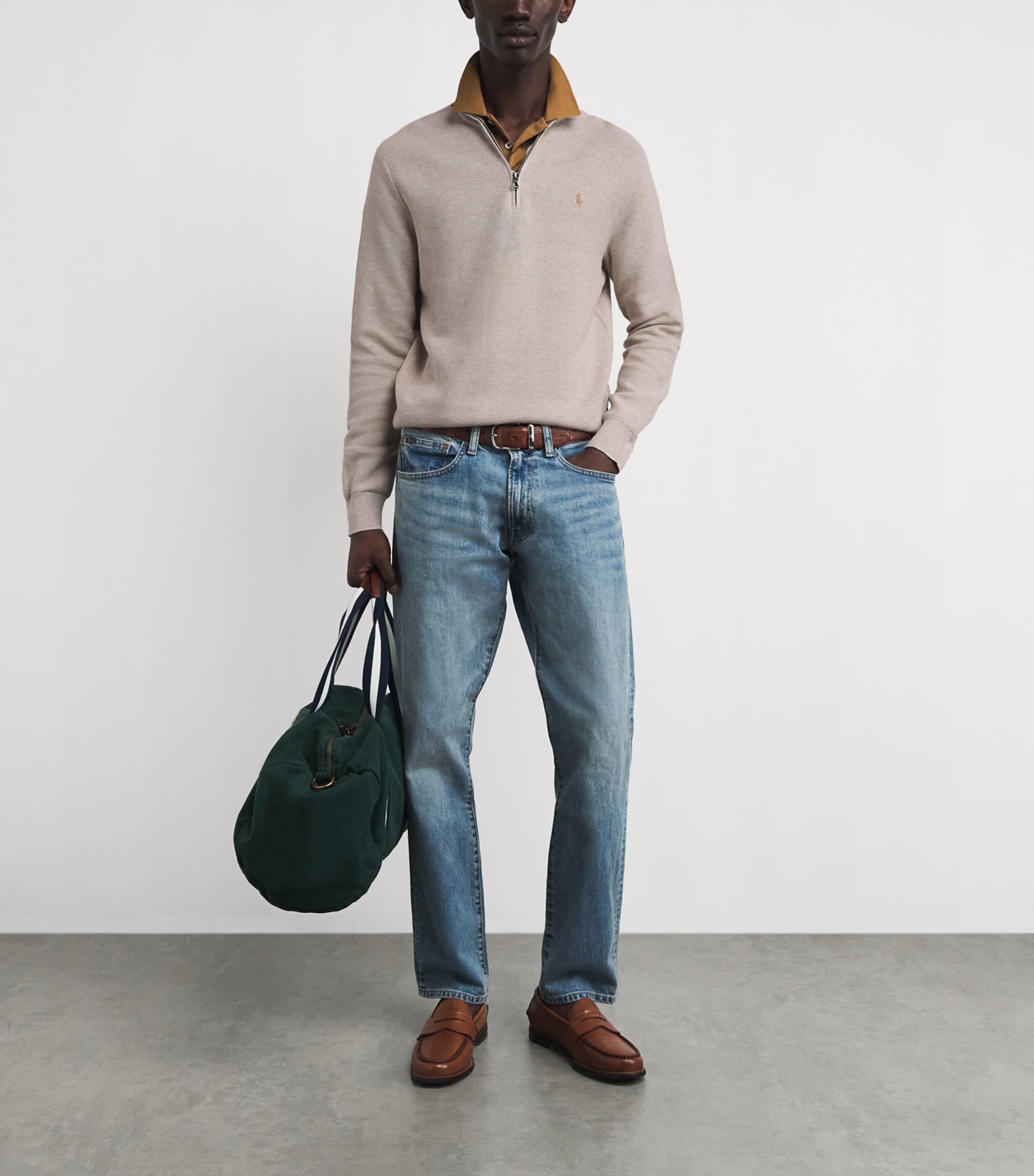 Polo Ralph Lauren Mens Cotton Half-Zip Sweater Light Wlnut Brn Hthr Image 2