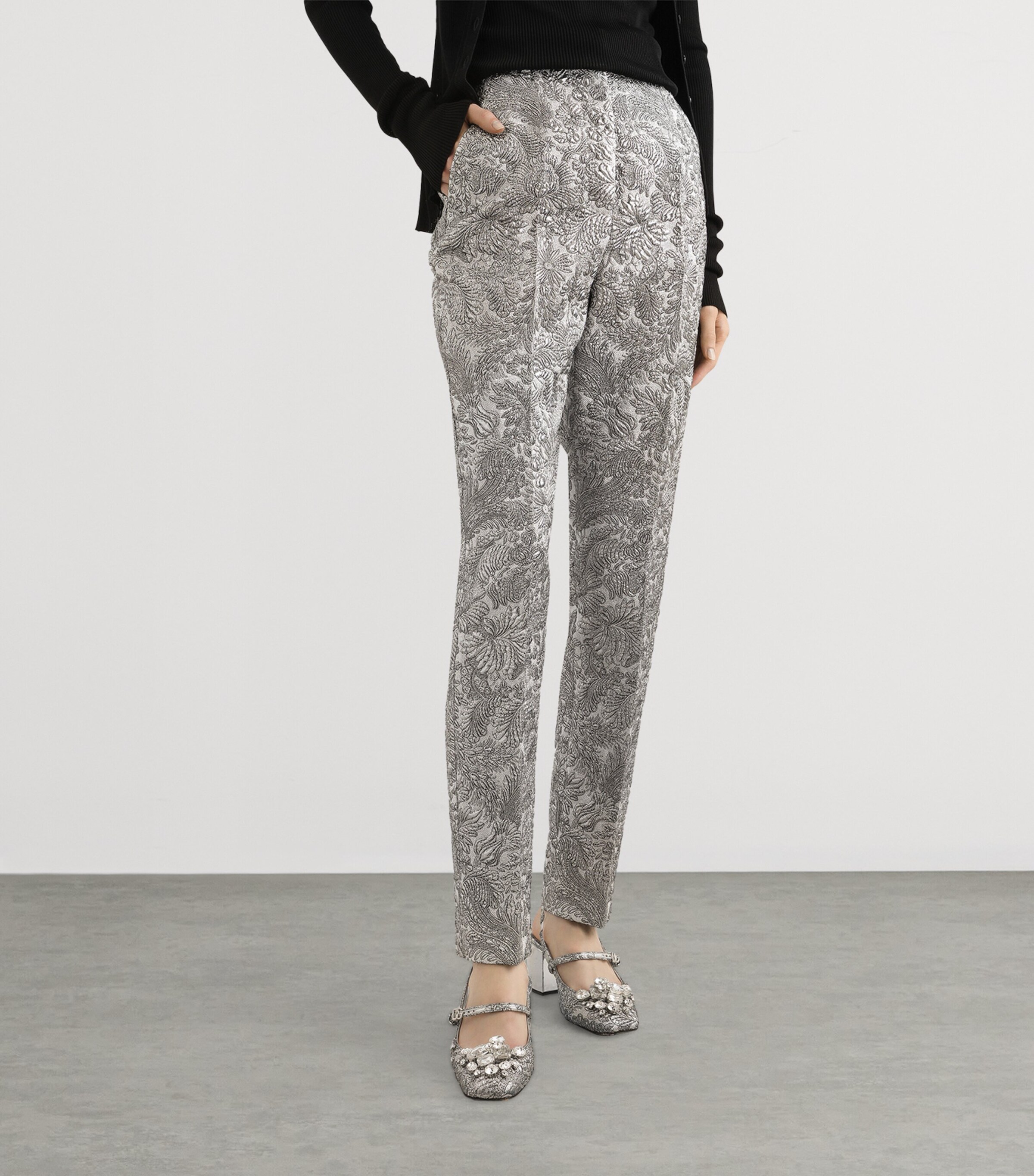 Floral Jacquard Cigarette Trousers S0998-SILV Image 4