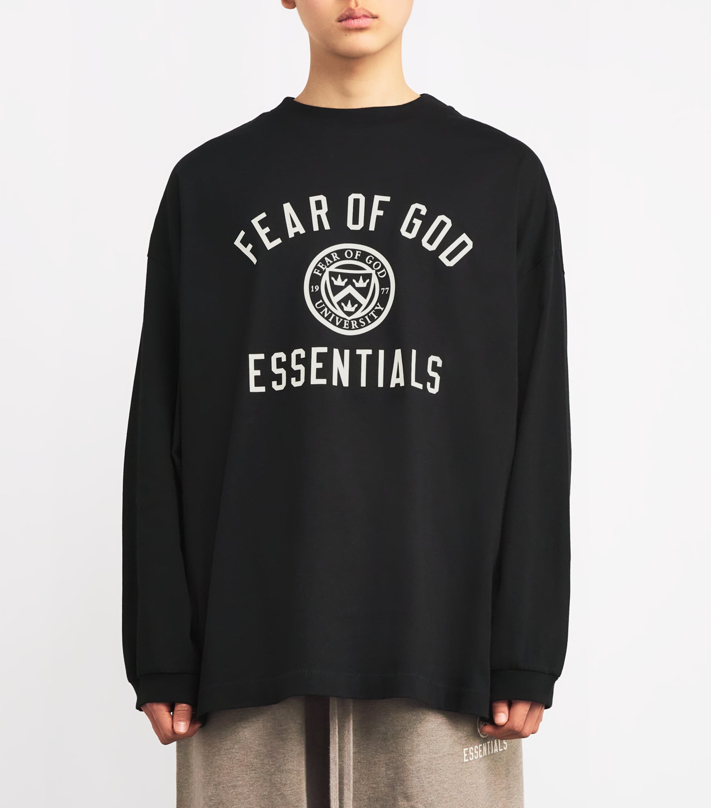 FEAR OF GOD ESSENTIALS Black University Crest Logo Long-Sleeve T
