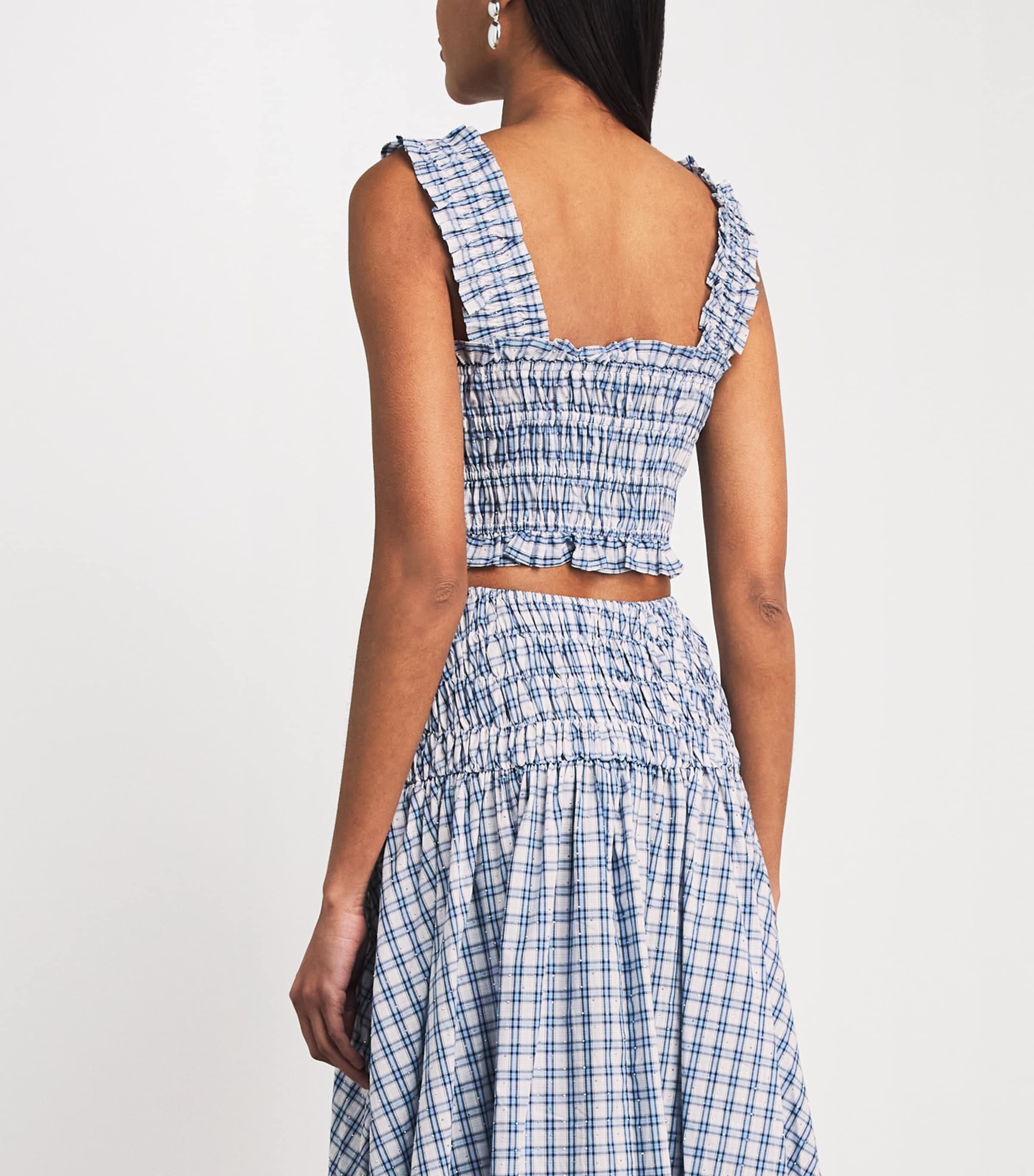 Maje Womens Cotton Embellished Smocked Top Blue Check Print Image 5