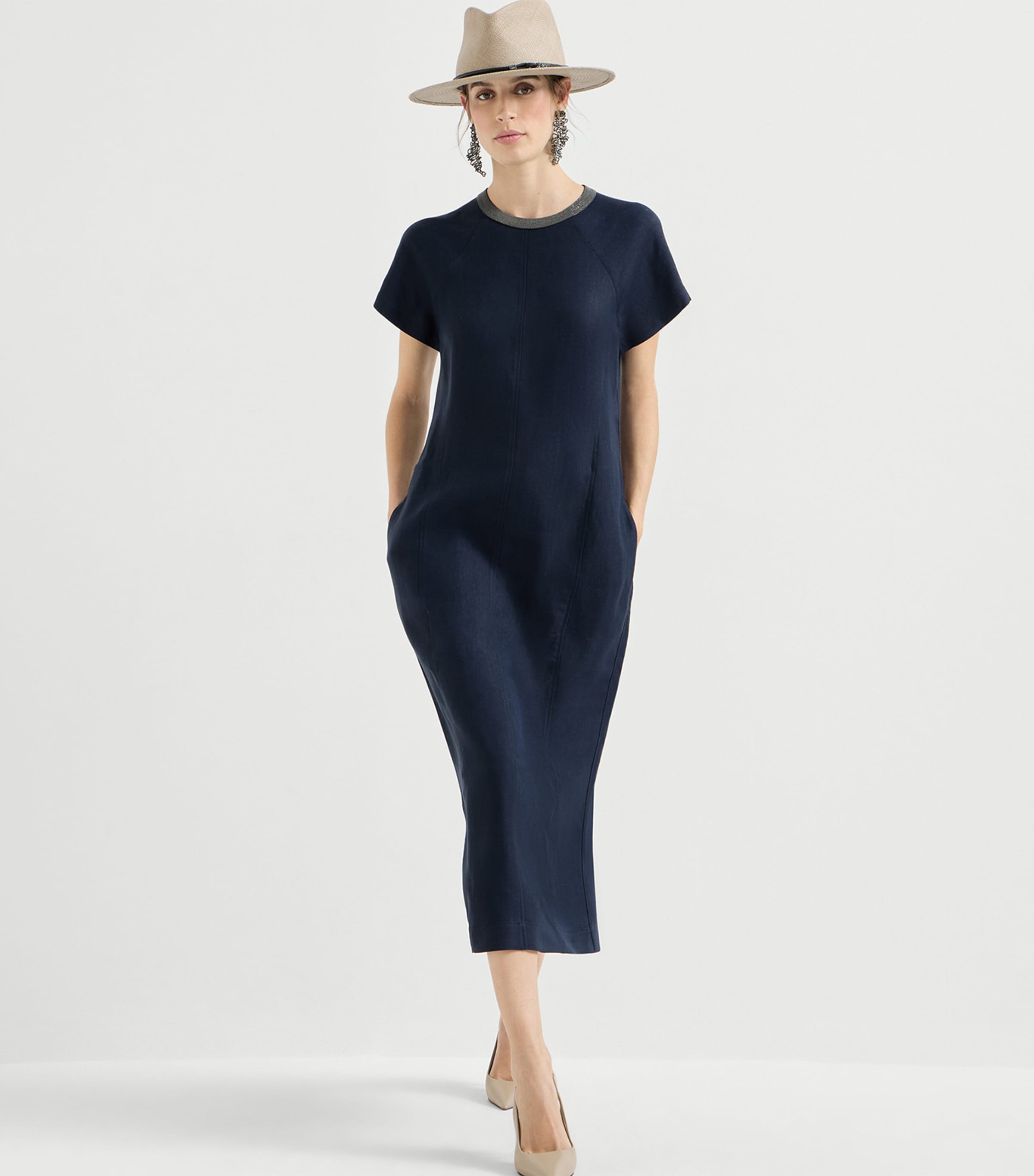 Brunello Cucinelli Womens Monili-Trim Midi Dress Image 4