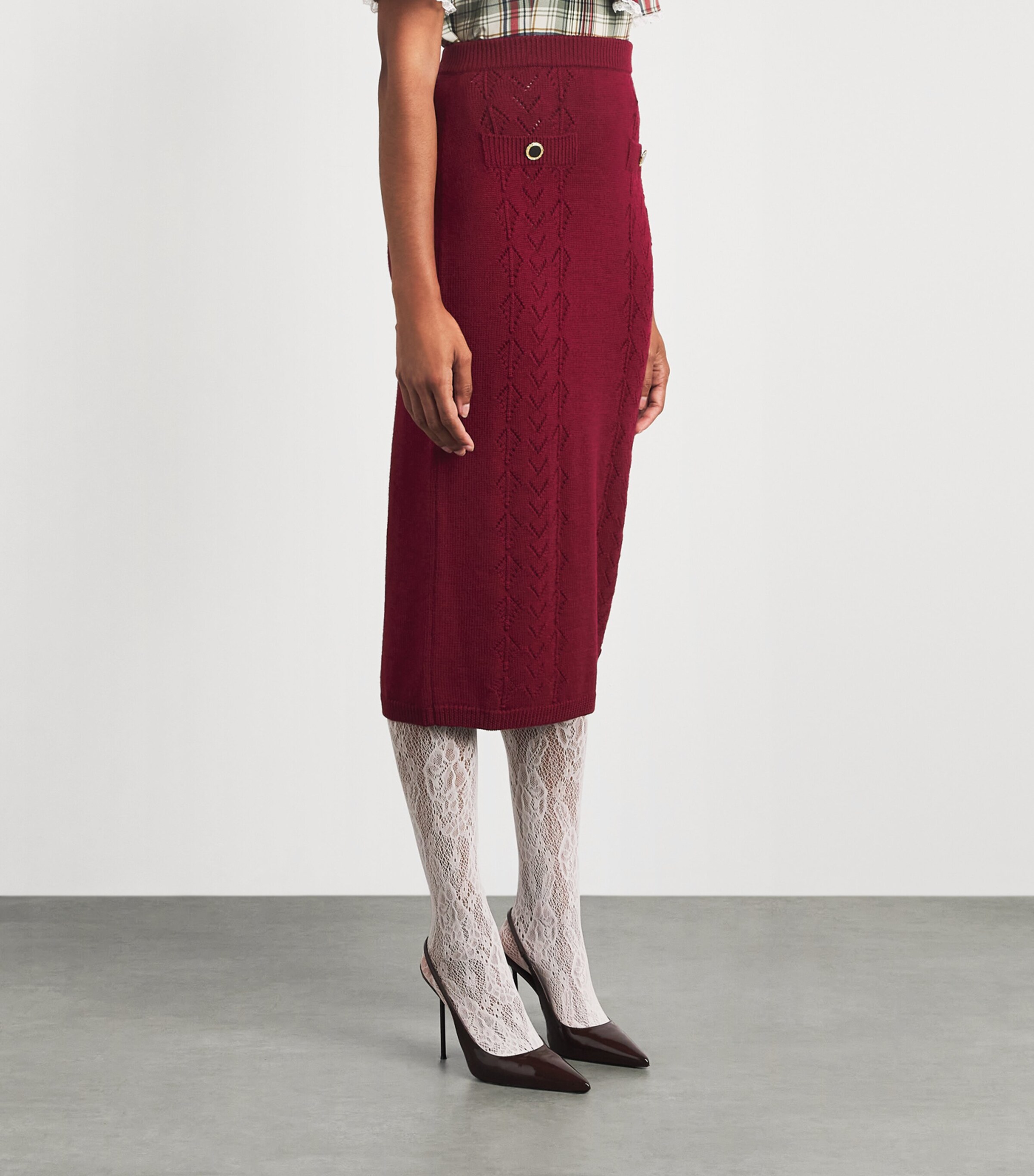 Alessandra Rich Womens Merino Wool Lace-Knit Midi Skirt Bordeaux Image 4