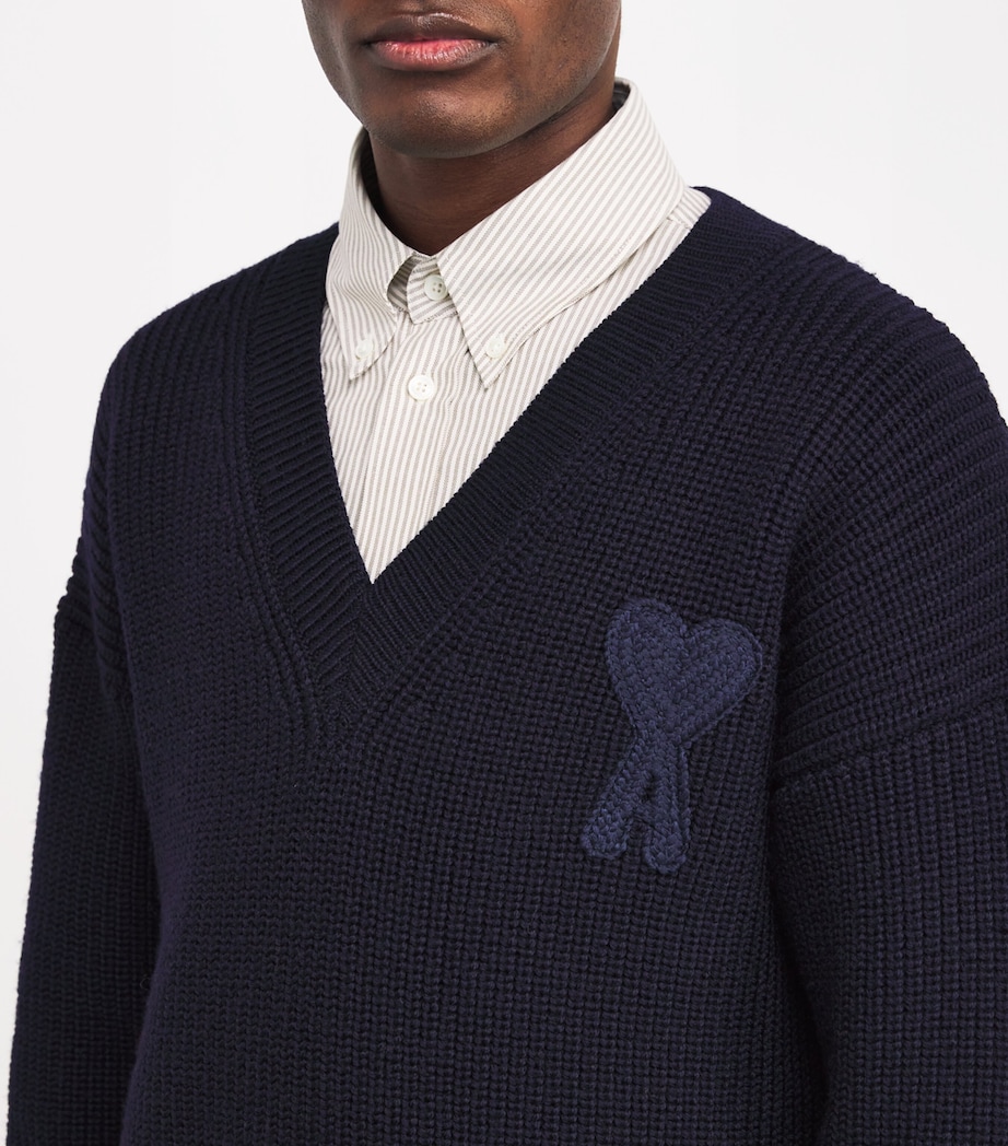 AMI Paris Mens Wool V-Neck Sweater Bleu Image 6