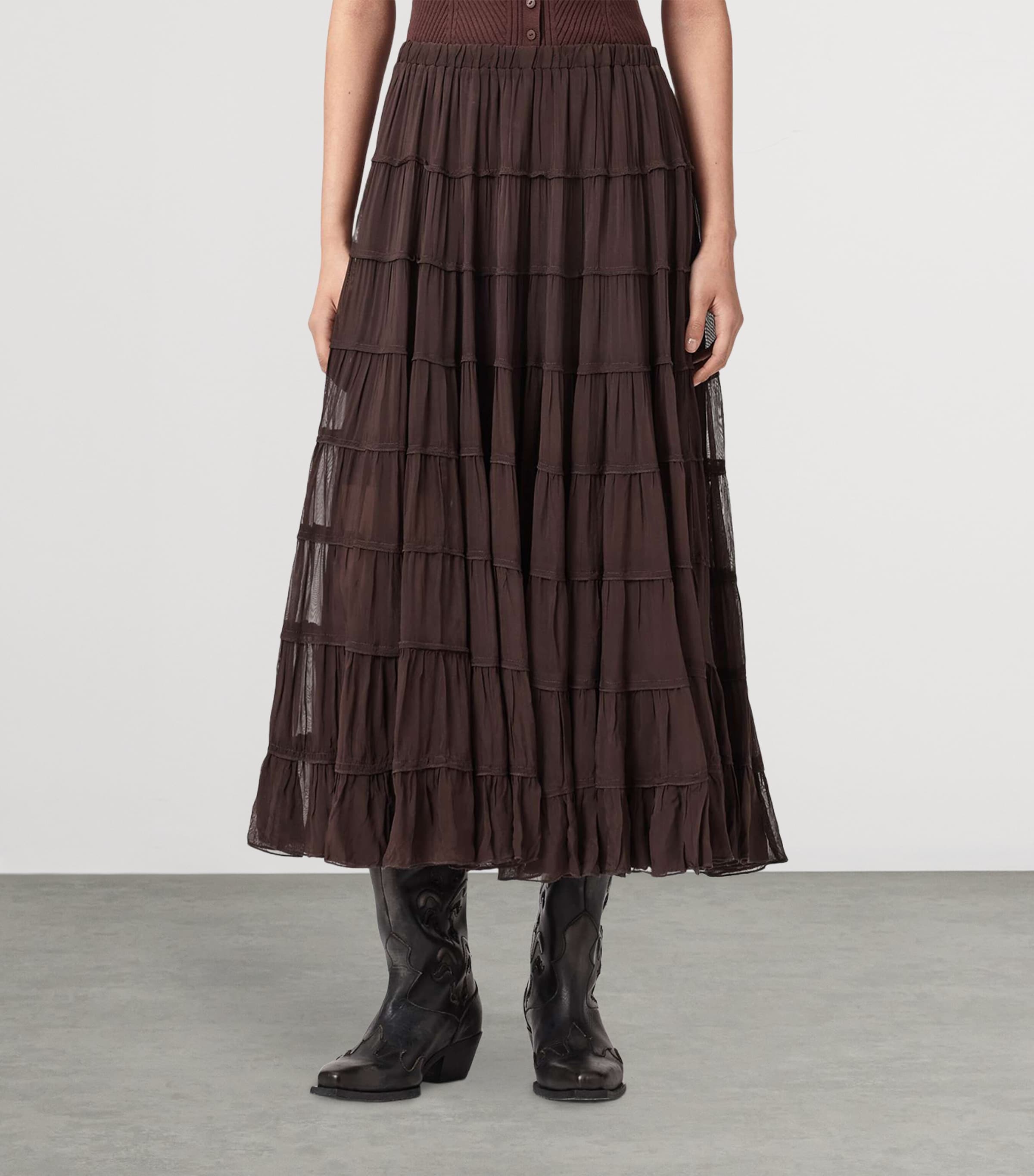 AllSaints Womens Gathered Eva Midi Skirt Bottle Brown Image 3