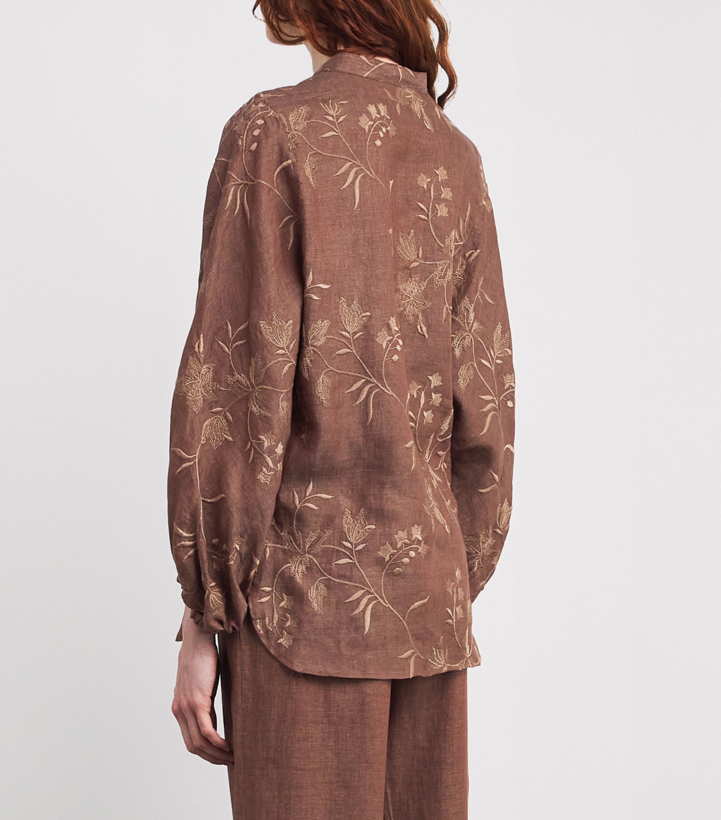Eleventy Womens x Harrods Linen Floral-Embroidered Blouse Vicuna Image 4