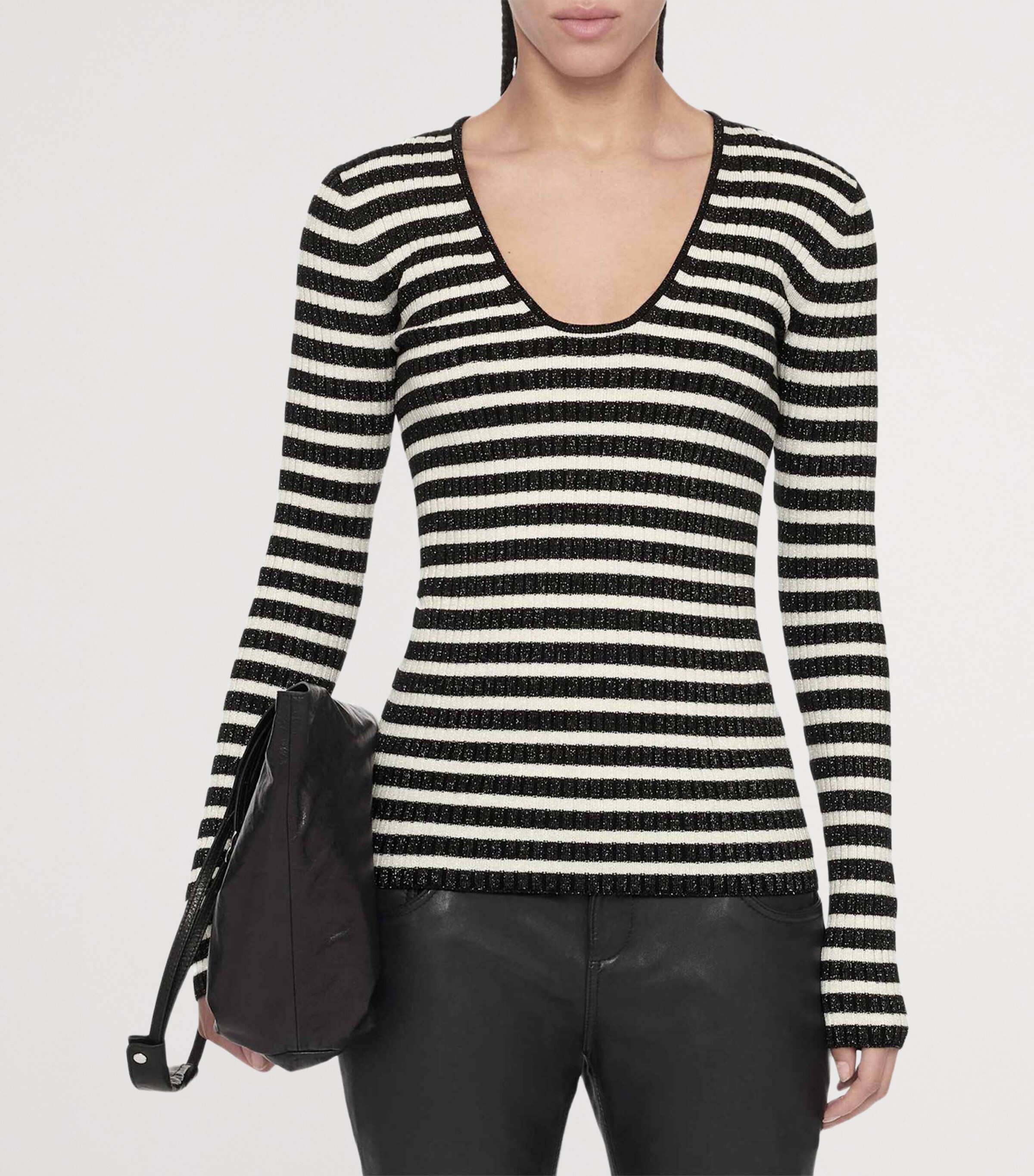 AllSaints Womens Wool-Blend Stripe Kay Sweater Black/chalk White Image 3