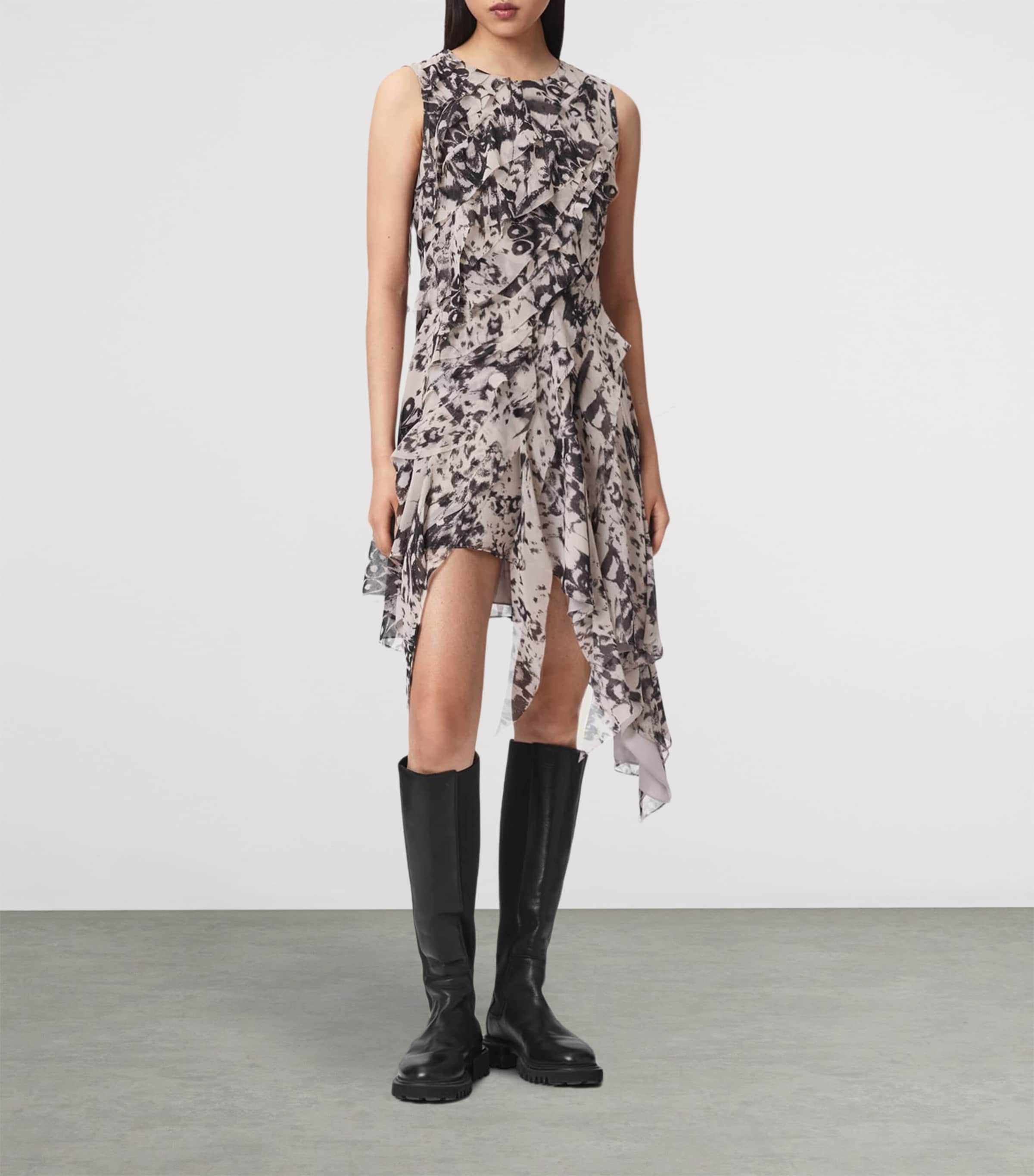 AllSaints Womens Ruffled Asymmetric Angie Midi Dress Wing Chalk White Image 2