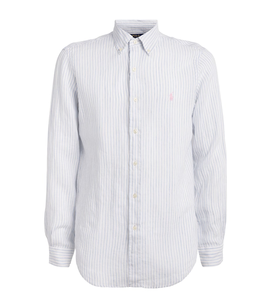 Polo Ralph Lauren Mens Linen Custom-Fit Stripe Shirt White Blue Image 1