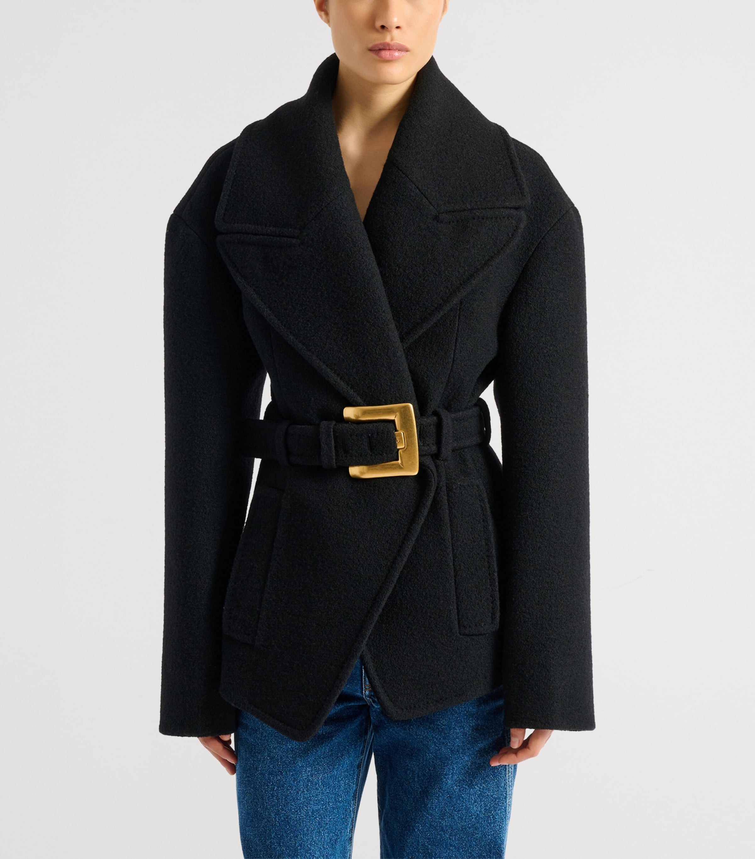 Balmain Womens Virgin Wool Belted Pea Coat Noir Image 3