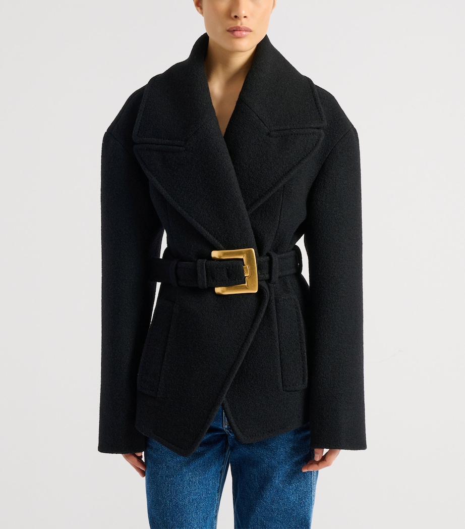 Balmain Womens Virgin Wool Belted Pea Coat Noir Image 3