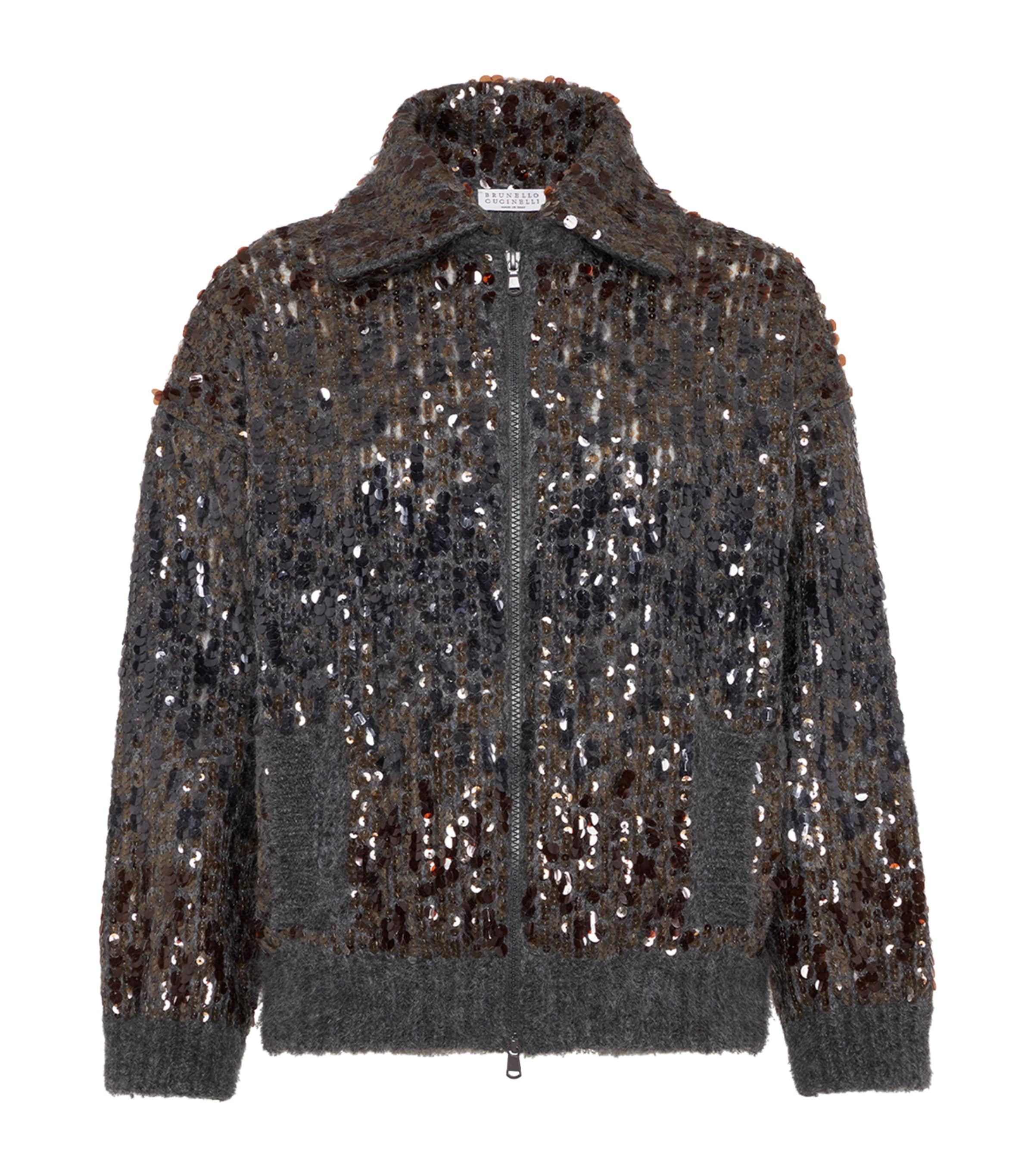 Brunello Cucinelli Mohair-blend Sequin-embellished Cardigan In Gray