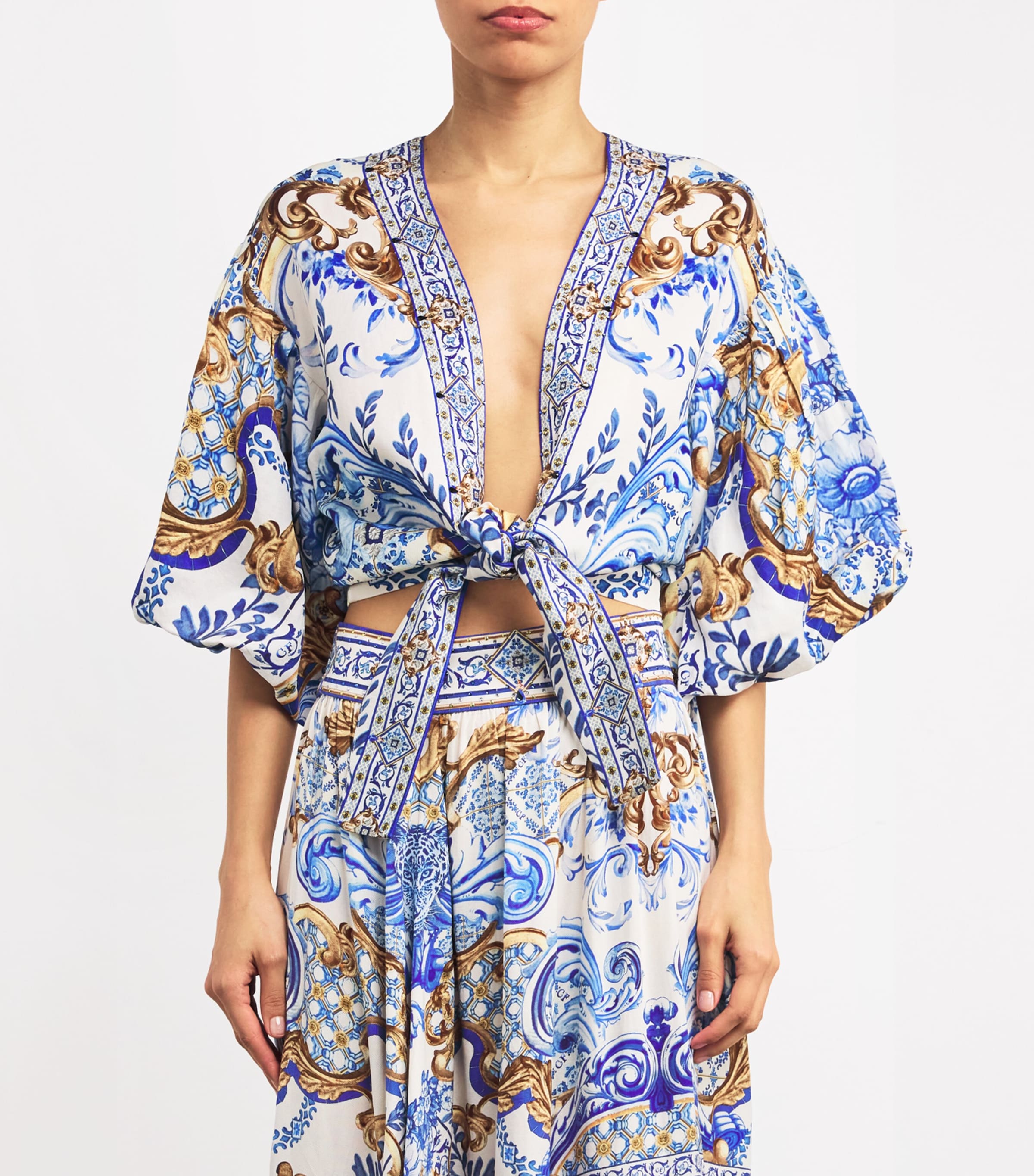 Camilla Womens Printed Puff-Sleeve Crop Top Azuladvt Image 3